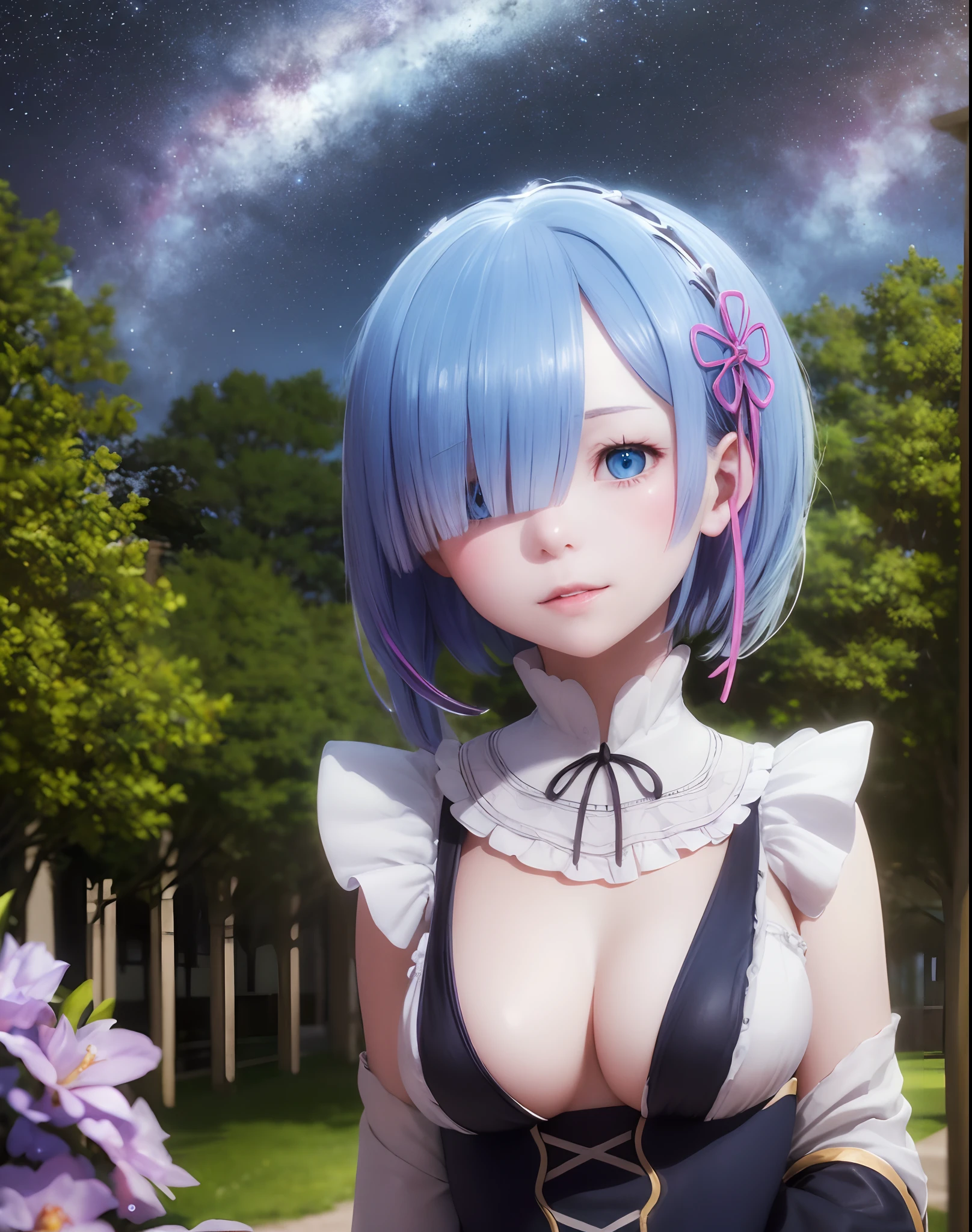 masterpiece, best quality, ultra-detailed, illustration, epic lighting, cinematic composition, colorful, sidelighting, lustrous skin, realistic, 3d face, (finely detailed beautiful eyes: 1.2), 1girl, rem_\(re:zero\),cute, medium breasts, blue hair, short hair, (hair over one eye:1.3), eyes_visible_through_hair, blue eyes, roswaal_mansion_maid_uniform, (head tilt:1.2), standing, close-up, fantasy, summer, night sky, stars, nebula, blue flowers, garden, blue roses, moonlight, peaceful, serenity, (8k:1.1),