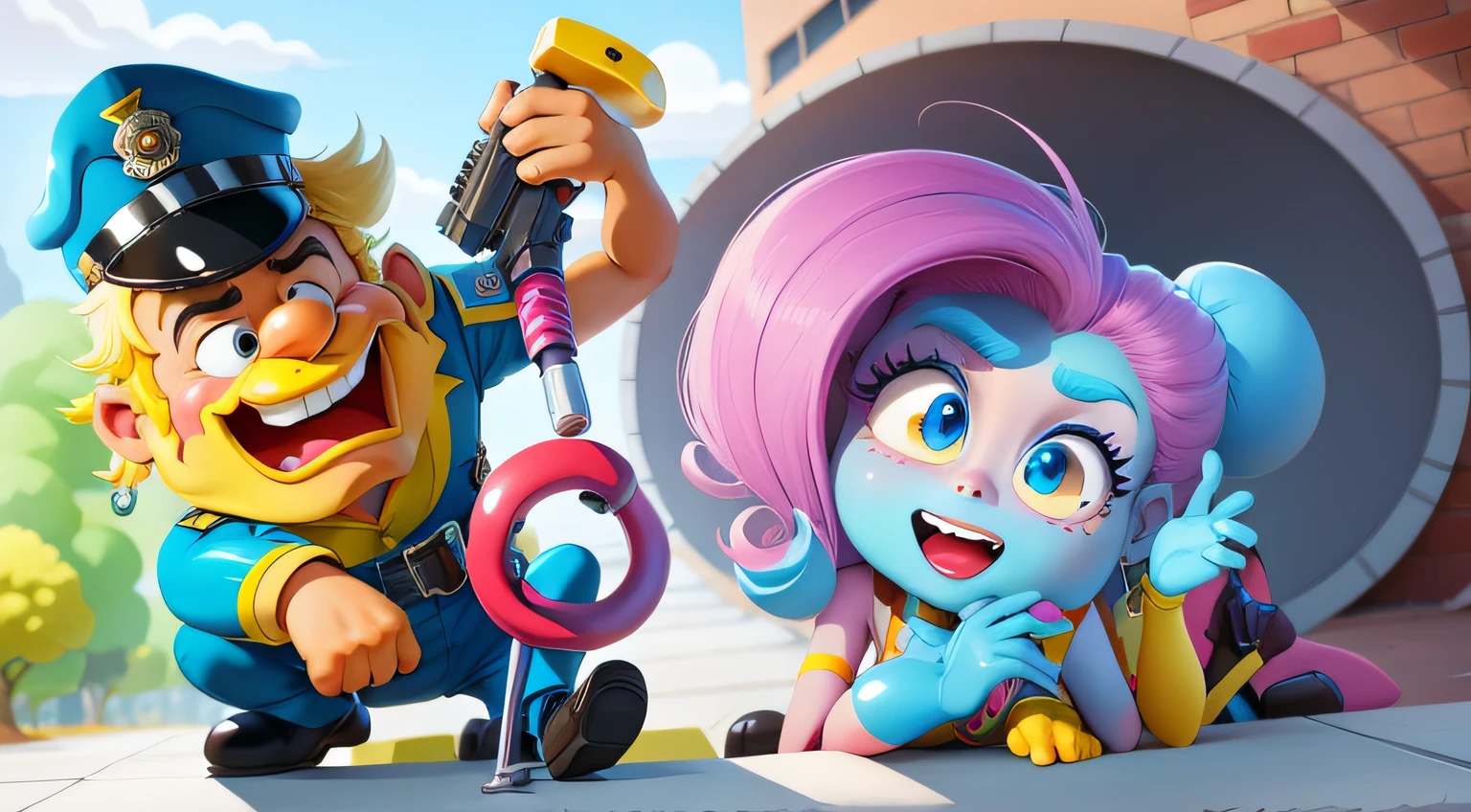 cartoon characters of a police officer and a girl, cute, cute cartoon, 2d animation, cartoon style, animated film, animated cartoon, animation, anime