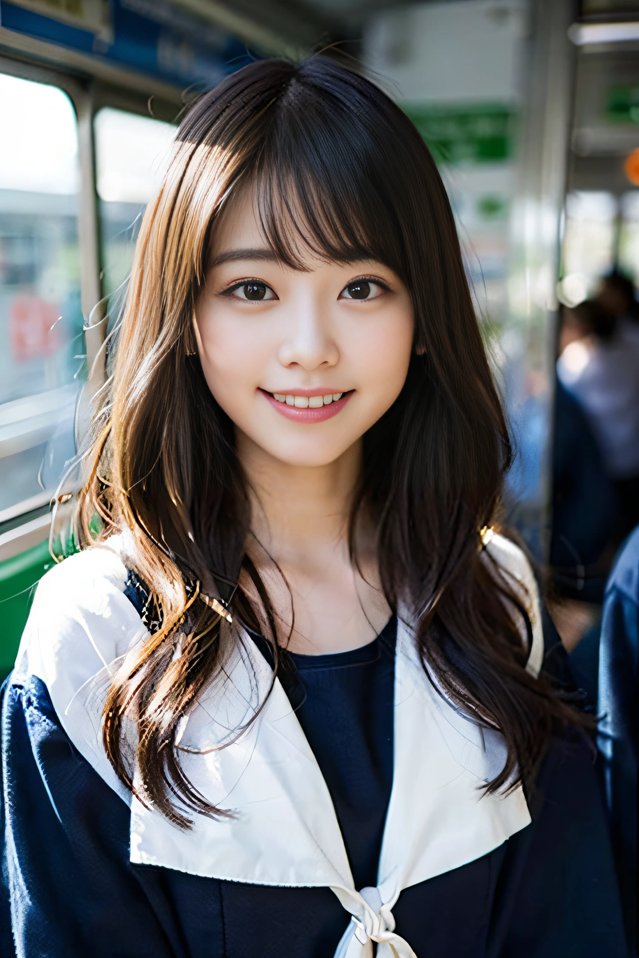 (8K、Raw photography、top-quality、masterpiece:1.2)、(realisitic、Photorealsitic:1.37)、ultra-detailliert、超A high resolution、女の子1人、see the beholder、beautifull detailed face、A smile、Constriction、(Slim waist) :1.3)、Beautiful detailed skin、Skin Texture、Floating hair、Professional Lighting、Whole human body、Longhaire、a blond、japanese hight school uniform、a sailor suit、Commuter train、On the train、Bob Hair、E-cup、Happy smile、、Red ribbons、a baby face、Childisuppin
