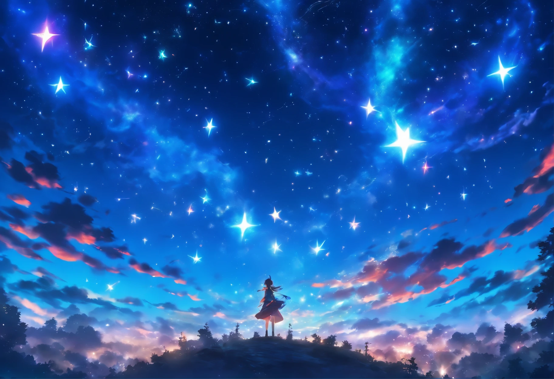 A girl standing on a hill looking at the stars in the sky - SeaArt AI