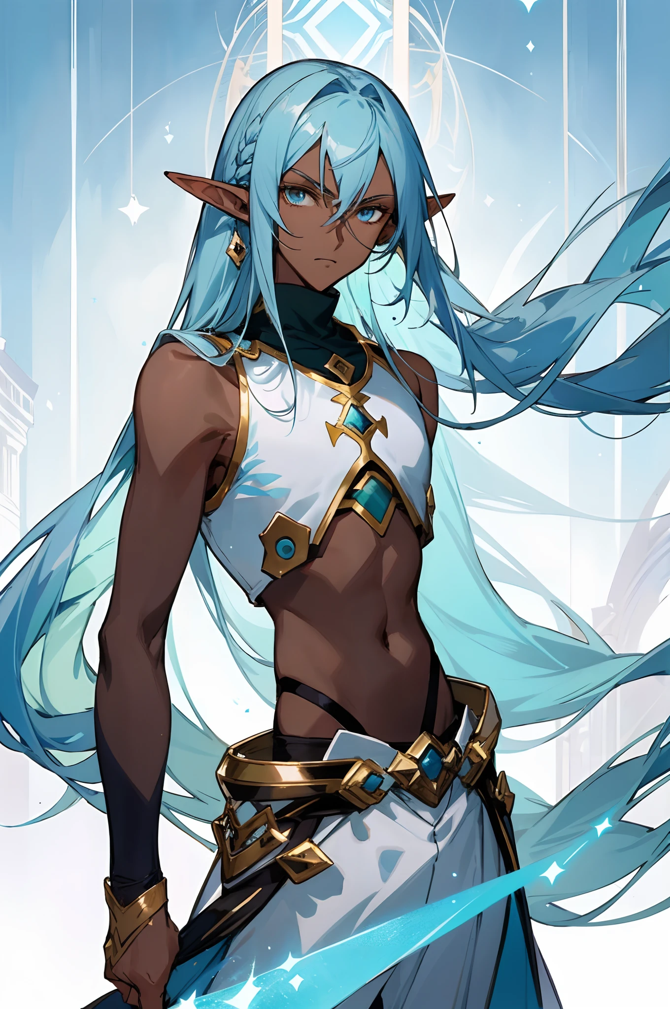 (masterpiece, best quality) detailed, 1Character , clothing is a mix of sword art online clothing and  a sleeveless turtleneck, blue with gold accents, crop top , elegant, diamond accessories, ((Beautiful man:1)) , ((Dark skin:1.5)) , (( Extremely long hair)) , ((light blue hair)) , ((male:1.4)) , full lips , light greeneyes ,((elf ears:1)) , ((Crop top:1)) , ((Skinny build)) ,effeminate , full long eyelashes , age 32 ,