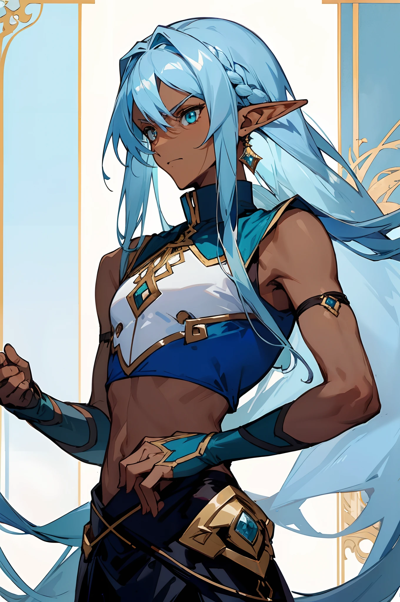 (masterpiece, best quality) detailed, 1Character , clothing is a mix of sword art online clothing and  a sleeveless turtleneck, blue with gold accents, crop top , elegant, diamond accessories, ((Beautiful man:1)) , ((Dark skin:1.5)) , (( Extremely long hair)) , ((light blue hair)) , ((male:1.4)) , full lips , light greeneyes ,((elf ears:1)) , ((Crop top:1)) , ((Skinny build)) ,effeminate , full long eyelashes , age 32 ,