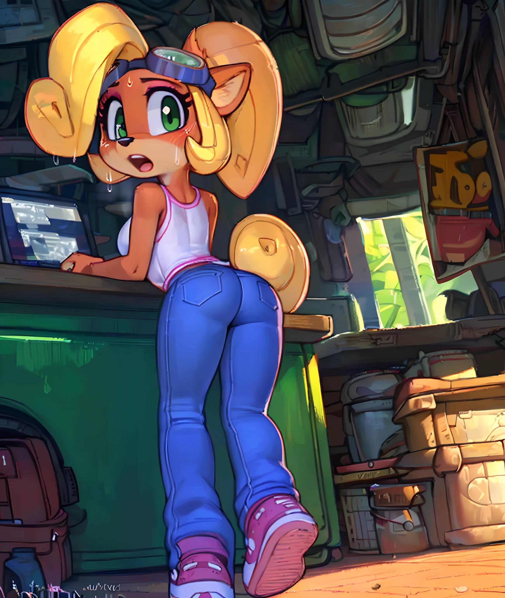 [Coco bandicoot], [Uploaded to e621.net; (Pixelsketcher), (wamudraws)], ((masterpiece)), ((high quality)), ((HD)), ((solo portrait)), ((full body)), ((front view)), ((furry; anthro)), ((detailed fur)), ((detailed shading)), ((beautiful render art)), ((back view)), ((shoes visible)), ((intricate details)), {anthro; orange fur, black nose, (cute surprised green eyes), (pink eyeshadow), (surprised), (mouth open), (sweating), blonde curly hair, curly ponytail}, {(white tank top pink lining), (small boobs), (tight jeans), (pink sneakers), (goggles on head)}, {(leaning on desk), (bending over), (looking back)}, [background; (tropical forest), (garage), (sun rays), (pink laptop)]