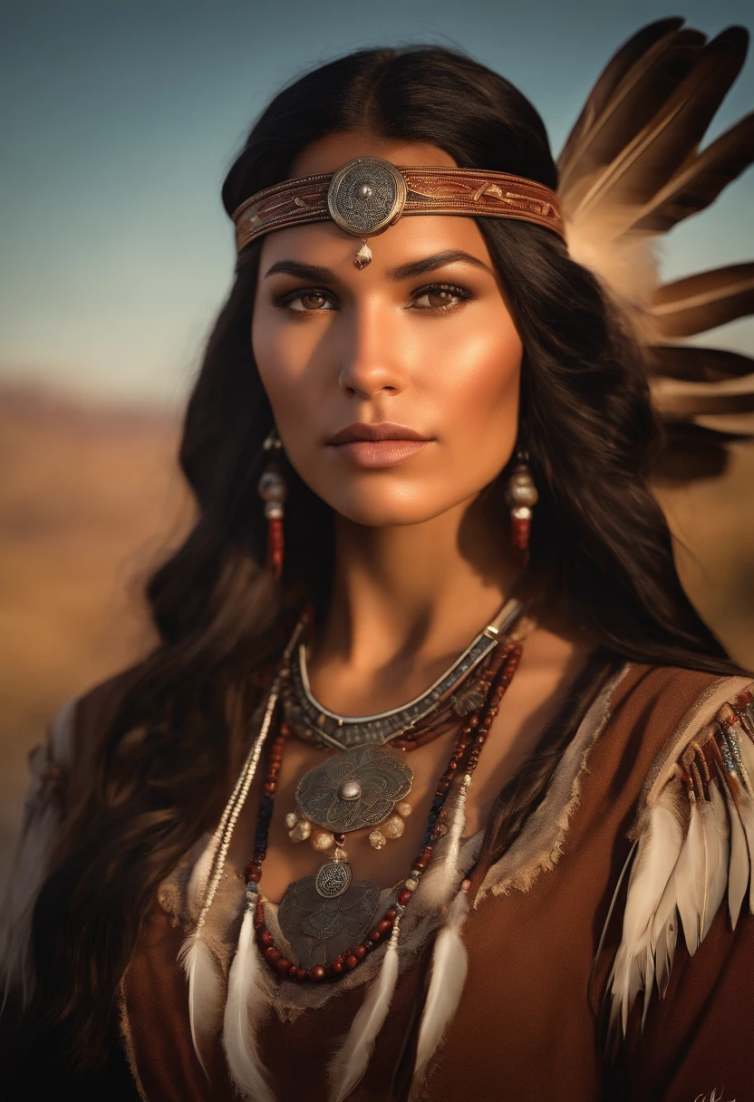 portrait photograph of Marie Avgeroupolus as Pocahontas, young beautiful native american woman, perfect symmetrical face, indigenes feather jewelry, traditional handmade dress, armed female hunter warrior, (((wild west))) environment, Utah landscape, ultra realistic, concept art, elegant, ((intricate)), ((highly detailed)), depth of field, ((professionally color graded)), soft ambient lighting, dusk, 8k, art by artgerm and greg rutkowski and alphonse mucha