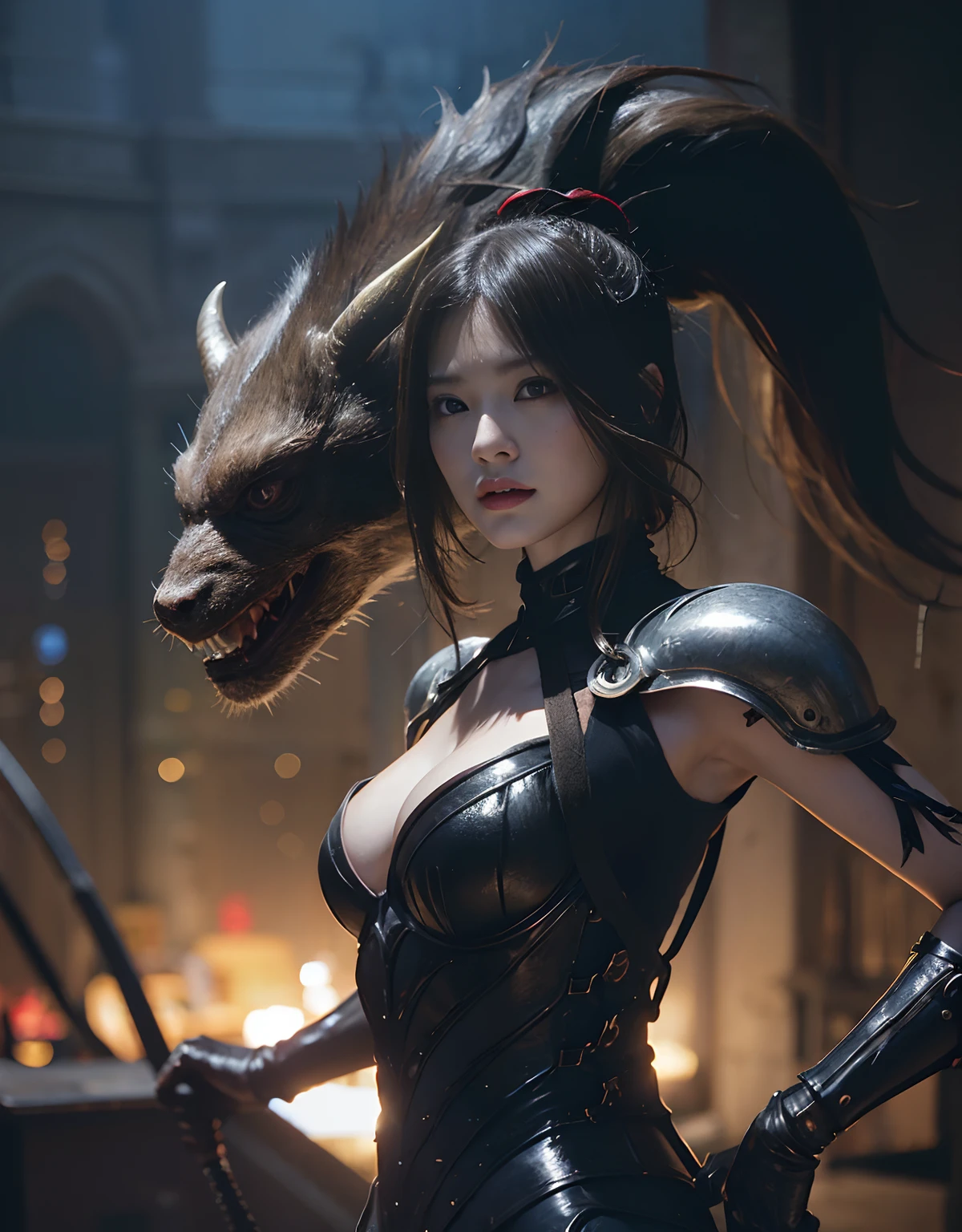 (One Knight Girl)、top-quality、masterpiece、超A high resolution、(Photorealsitic:1.4)、Raw photo、女の子1人、Fight mutants、(Wear the Dark Knight's Armor)、glowy skin、(((Dark Fantasy)))、With a beautiful sword and shield、(Silver Metal Bodysuit)、(Kobold、ogre、Fierce battle with orcs),(Fight fiercely against aliens)、Fight fiercely、(Background of decaying dungeon ruins)、(Knight's helmet)、(Fighting Demonic Beasts)、(Small LED)、((super realistic details))、portlate、(Strong giant demon beast background),globalillumination、Shadow、octan render、8K、ultrasharp、Colossal tits、Raw skin is exposed in cleavage、metals、Details of complex ornaments、Japan details、highly intricate detail、Realistic light、(Mystical expression),CGSoation Trends、Red Eyes、radiant eyes、Facing the camera、neon details、(Mechanical limbs)、(blood vessels connected to tubes)、Mechanical vertebrae attached to the back、mechanical cervical attaching to neck、()、Gundam、Small LED、Toostock、()、(Attack of the Monster Beasts)、(Wounded in a deadly battle)、