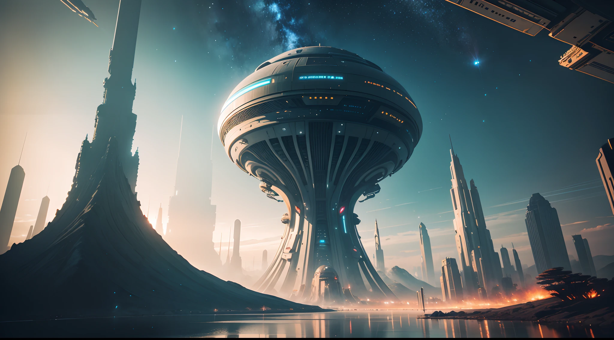 best quality,4k,8k,highres,masterpiece:1.2,ultra-detailed,realistic,photorealistic:1.37,robots exploring a futuristic planet,advanced robotic technology,scenic space landscape,futuristic city,hovering spaceships,mechanical beings,gleaming metal surfaces,neon lights illuminating the streets,interstellar travel,cosmic backdrop,galactic wonders,otherworldly atmosphere,alien flora and fauna,towering skyscrapers,advanced infrastructure,motion blur effect,sci-fi concept art,diverse color palette,astronomical phenomena,stellar clusters and constellations,dazzling starry night sky,unexplored horizons,sleek and streamlined designs,hi-tech gadgets,androids and cyborgs,laser beams and energy weapons,futuristic fashion,towering space stations,monumental structures,high-tech vehicles,quantum energy sources,exquisite detail in textures and shading,immersive 3D rendering,vibrant and saturated colors,ethereal lighting effects,artificial intelligence,parallel universes,innovative architecture,dystopian elements.