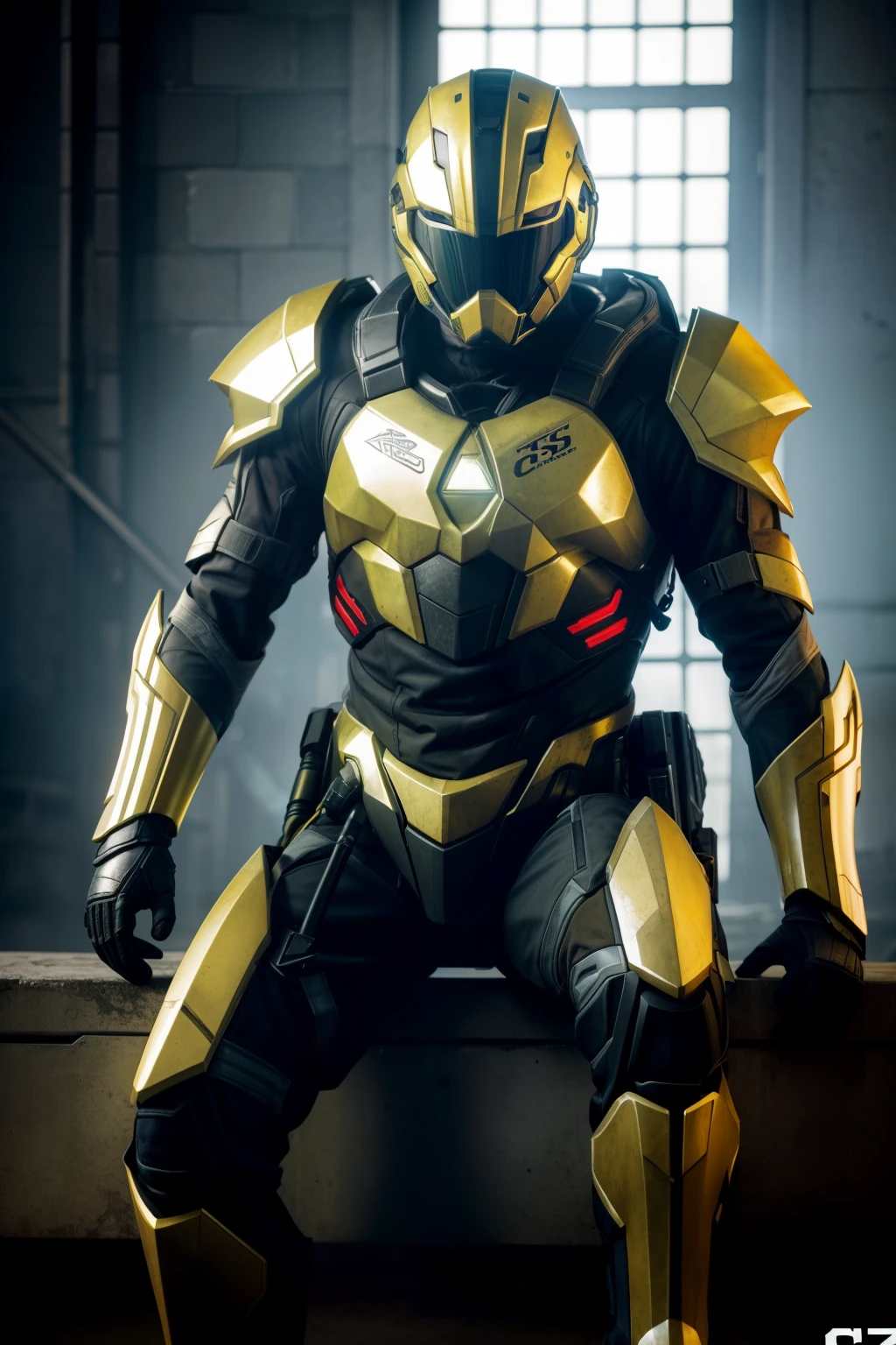 Teen male posing, golden white crysis 3 armour, atmospheric, sitting, S.T.A.L.K.E.R style, green backlight