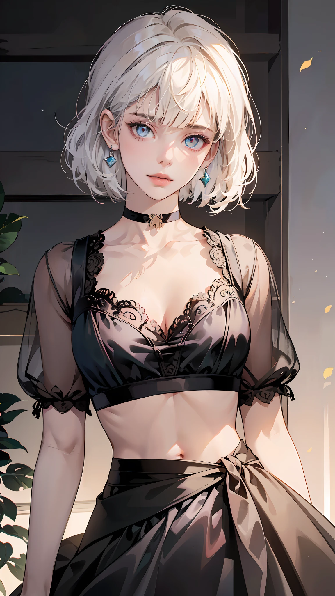 (masterpiece, best quality, (1girl:1.5), solo, intricate details, chromatic aberration), (realistic), (skin), ((breath)), (wavy white hair, bob cut, blunt bangs, hair over one eye), detailed hair, red ornament, blue highlights, small earrings, sharp eyes, purple eyes, choker, ((black crop top, thin material, skirt)), open waist, (symmetry eyes), (perfect symmetrical body), night, (((natural light))), backlighting, against grey wall, dim lighting ,look at viewer, (((centered shot, from front, face and waist))), (large breasts: 1.2), cleavage,