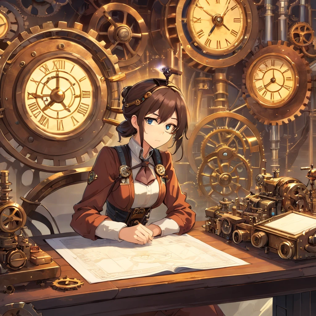 ((masterpiece)), (1girl), (steampunk theme:1.5), (mechanical elements:1.3), (goggles:1.2), (inventor:1.1), (engaged expression), (active pose), (assorted gears:1.2), (steam-powered machinery), (blueprints),(flickering gaslights:1.1), (clockwork creations),(innovative:1.3),(brass and copper tones)
In a world of steampunk and innovation, a talented male inventor stands within his bustling workshop. he dons goggles, which rest on his forehead, highlighting her inquisitive eyes filled with determination. His outfit is adorned with mechanical elements and brass accents, reflecting his passion for invention. he assumes an active pose, one hand adjusting a complex gear system while the other sketches out new ideas on a piece of parchment. full body shot