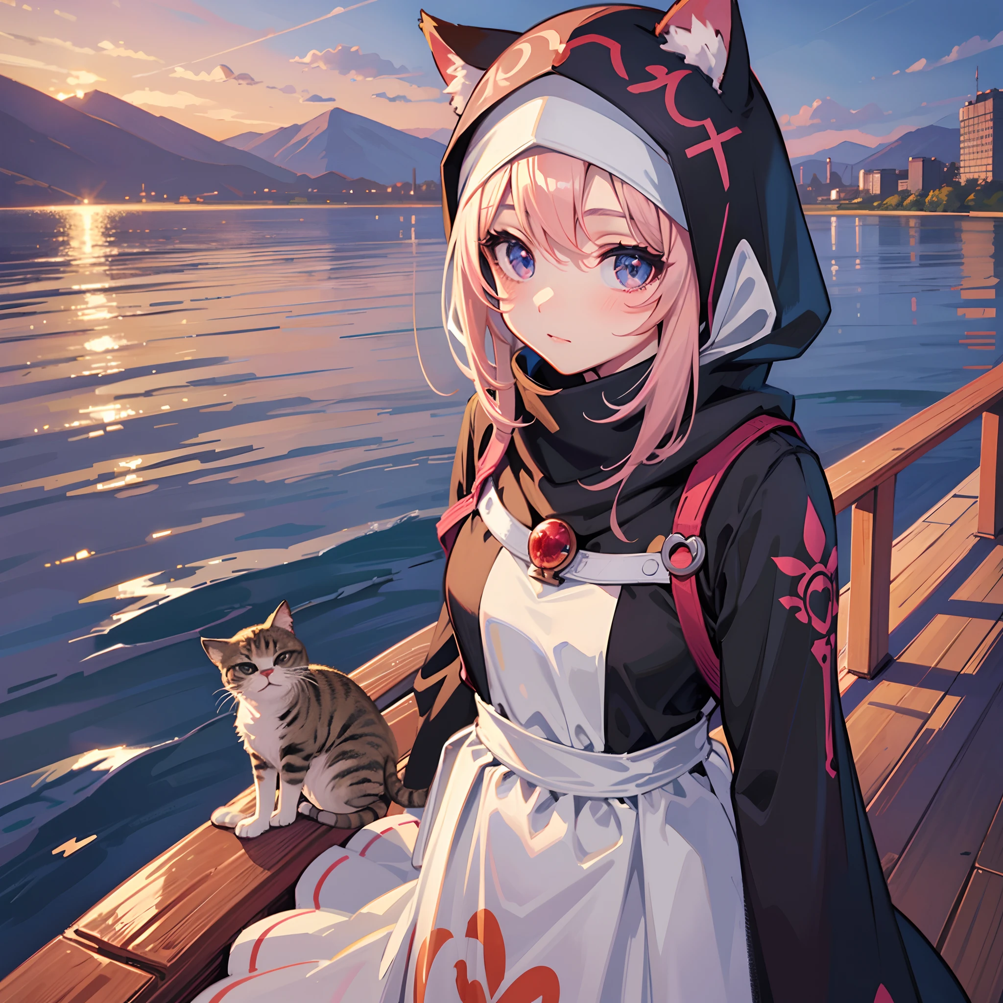 ((Best Quality, 8K)) Anime girl with hijab standing in front of the lake, Rin Tosaka, anime moe art style, anime style like Fate/stay night, anime girl with long dress, very cute anime girl face, nightcore, from the front line of girls, cute anime girl portrait, anime girl with cat ears, High quality anime art style, "beautiful anime woman", hijab