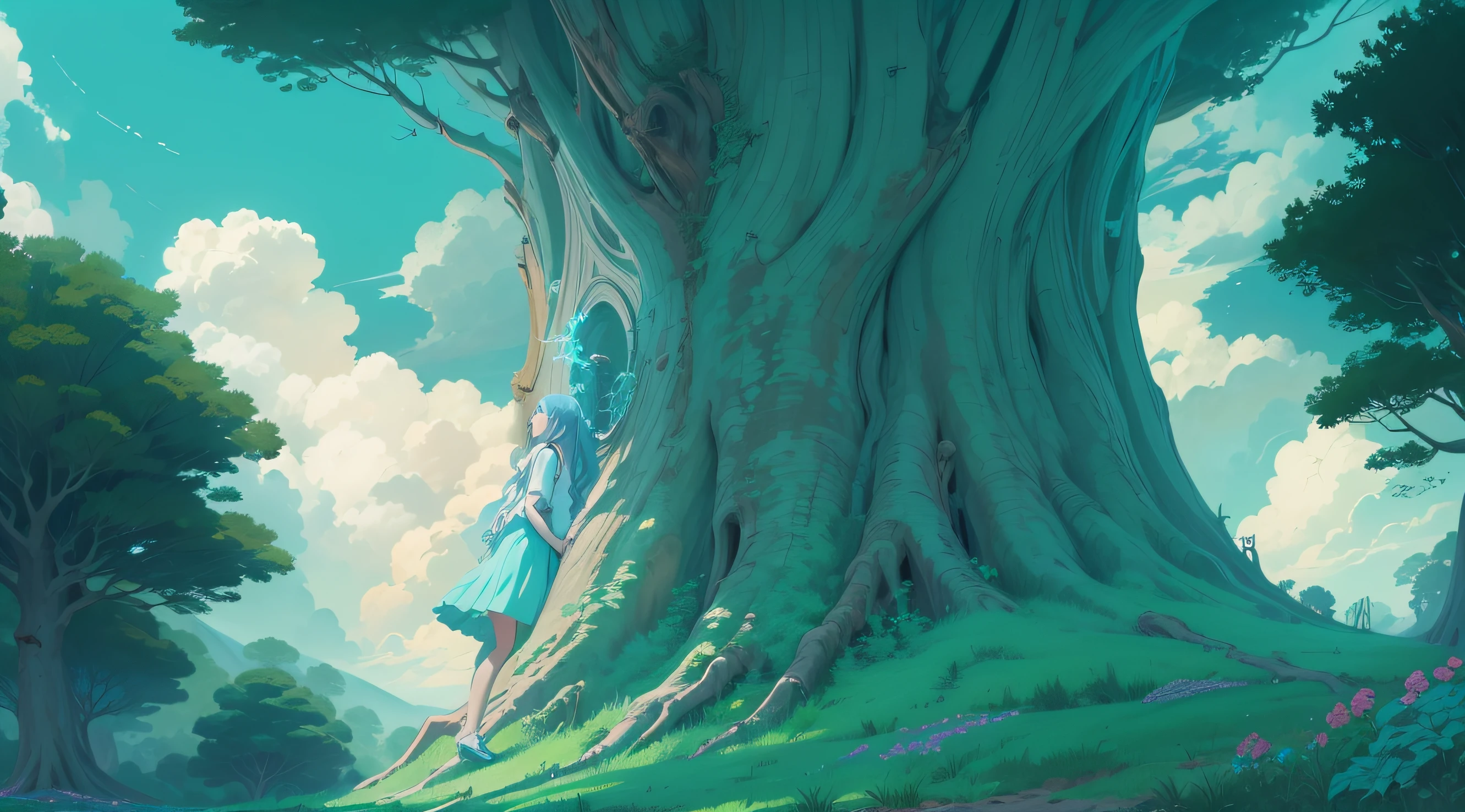 Light blue long haired girl looking at a giant tree in the middle of a forest,  Estilo de arte de anime, Estilo de arte do Studio Ghibli, estilo anime, 4K HD | | | | |, estrelas, Stars in the sky |, cinematografic