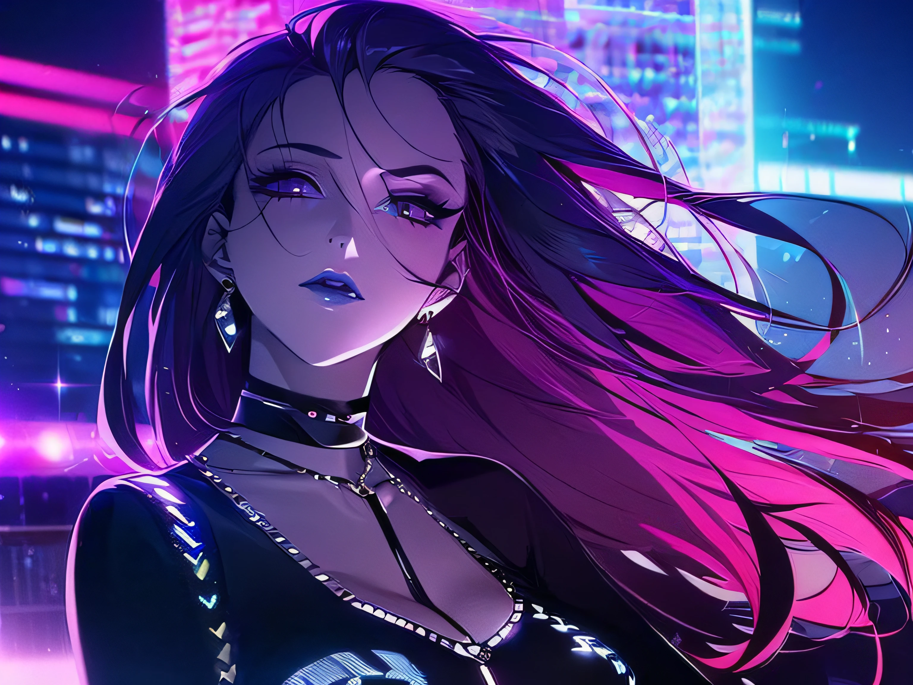 1girl,(masterpiece,detailed face,detailed eyes,best quality),long shiny hair,intimidate expression,dress,jewellery,eyeliner,makeup,fashion,messy hair,lipstick,illustration,choker,solo female, neon city background