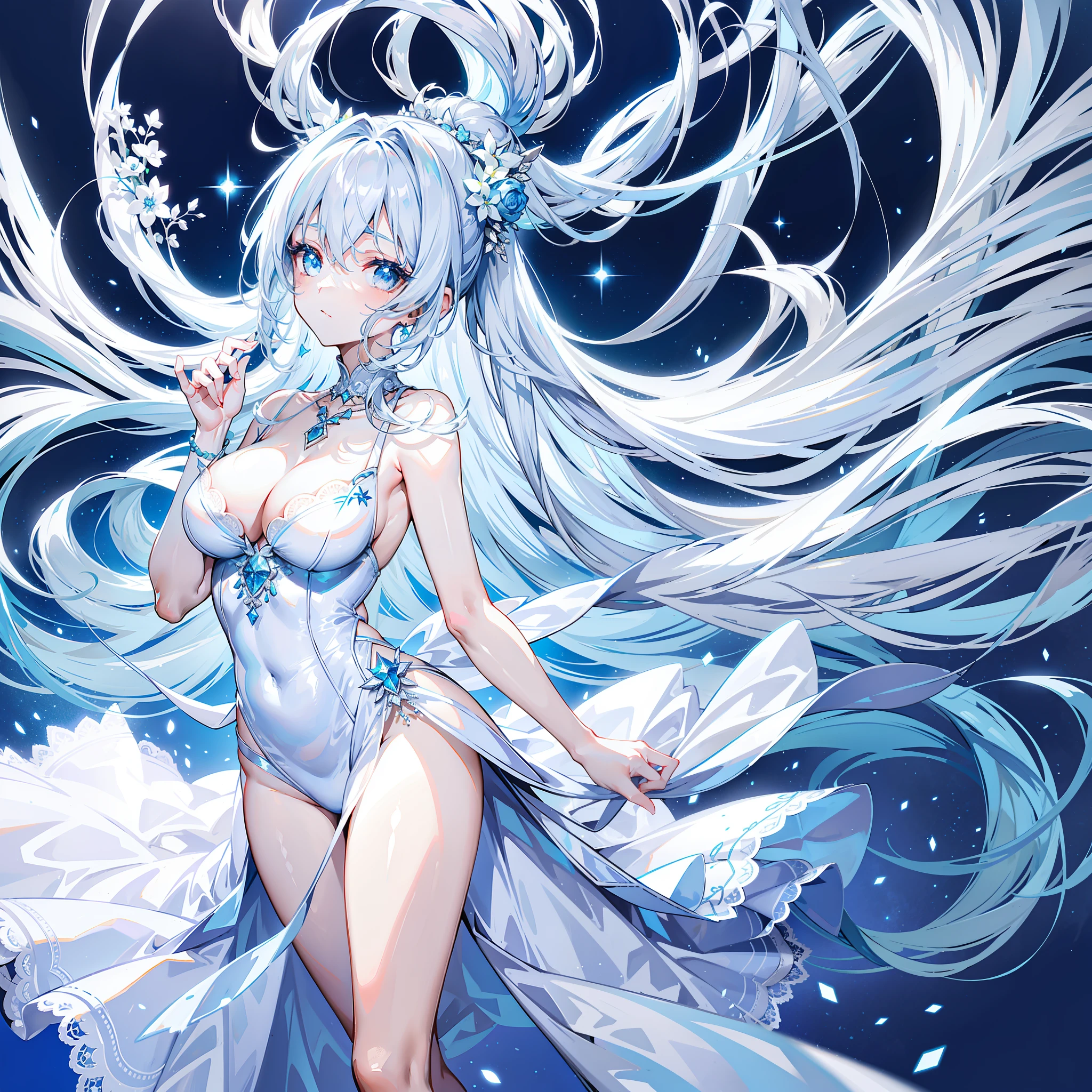 Long light blue and white hair,A silver necklace that shines like a star,Delicate makeup and glossy face,Slim and smooth legs,is a sweet girl,white wedding gown,Lace,
