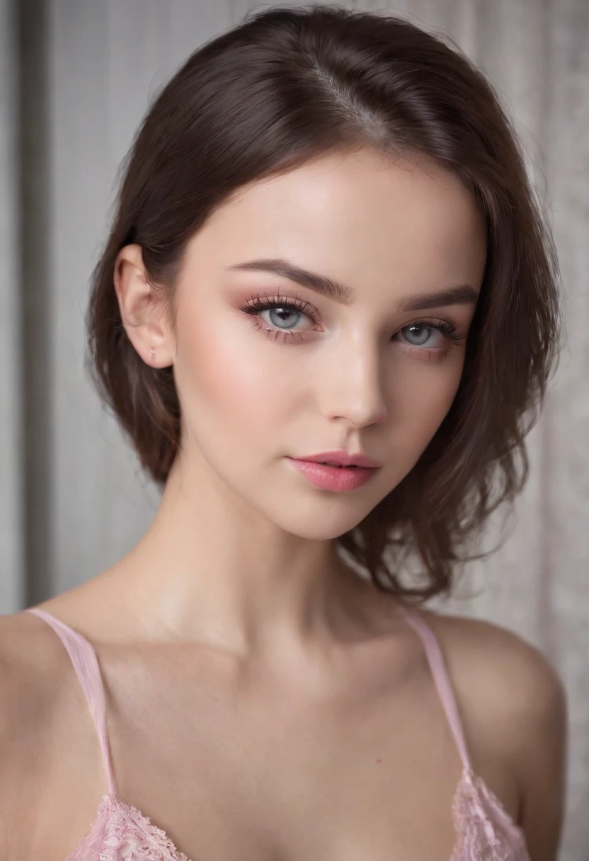 Woman with matching tank top and pink panties, Sexy girl with beautiful eyes, portrait sophie mudd, portrait corinna kopf, black hair and large eyes, Selfie einer jungen Frau, Augen im club Violet Myers, ohne Make-up, Natural makeup, Blick direkt in die Kamera, Gesicht mit Artgram, dezentes Make-up, Stunning full body shot, im Schlafzimmer, Spaltung