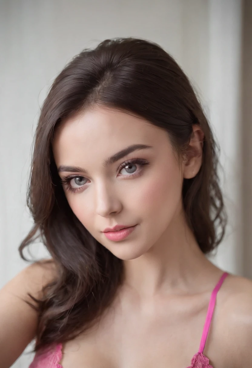 Woman with matching tank top and pink panties, Sexy girl with beautiful eyes, portrait sophie mudd, portrait corinna kopf, black hair and large eyes, Selfie einer jungen Frau, Augen im club Violet Myers, ohne Make-up, Natural makeup, Blick direkt in die Kamera, Gesicht mit Artgram, dezentes Make-up, Stunning full body shot, im Schlafzimmer, Spaltung