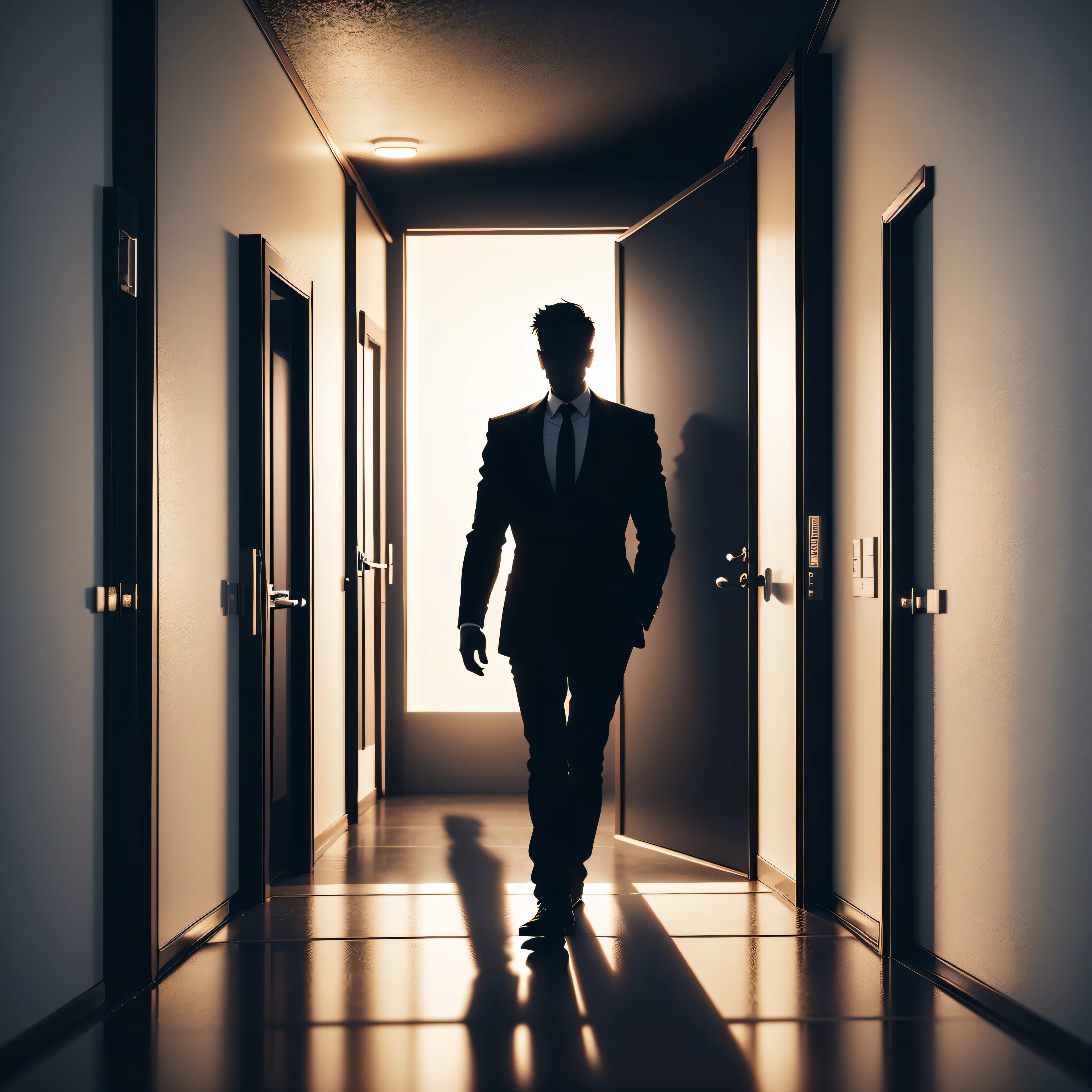 door, business, silhouette, light, dark, businessman, people, person, shadow, room, open, concept, success, tunnel, illustration, 3d, walking, interior, vector, doorway, wall, dream, exit, corridor, black