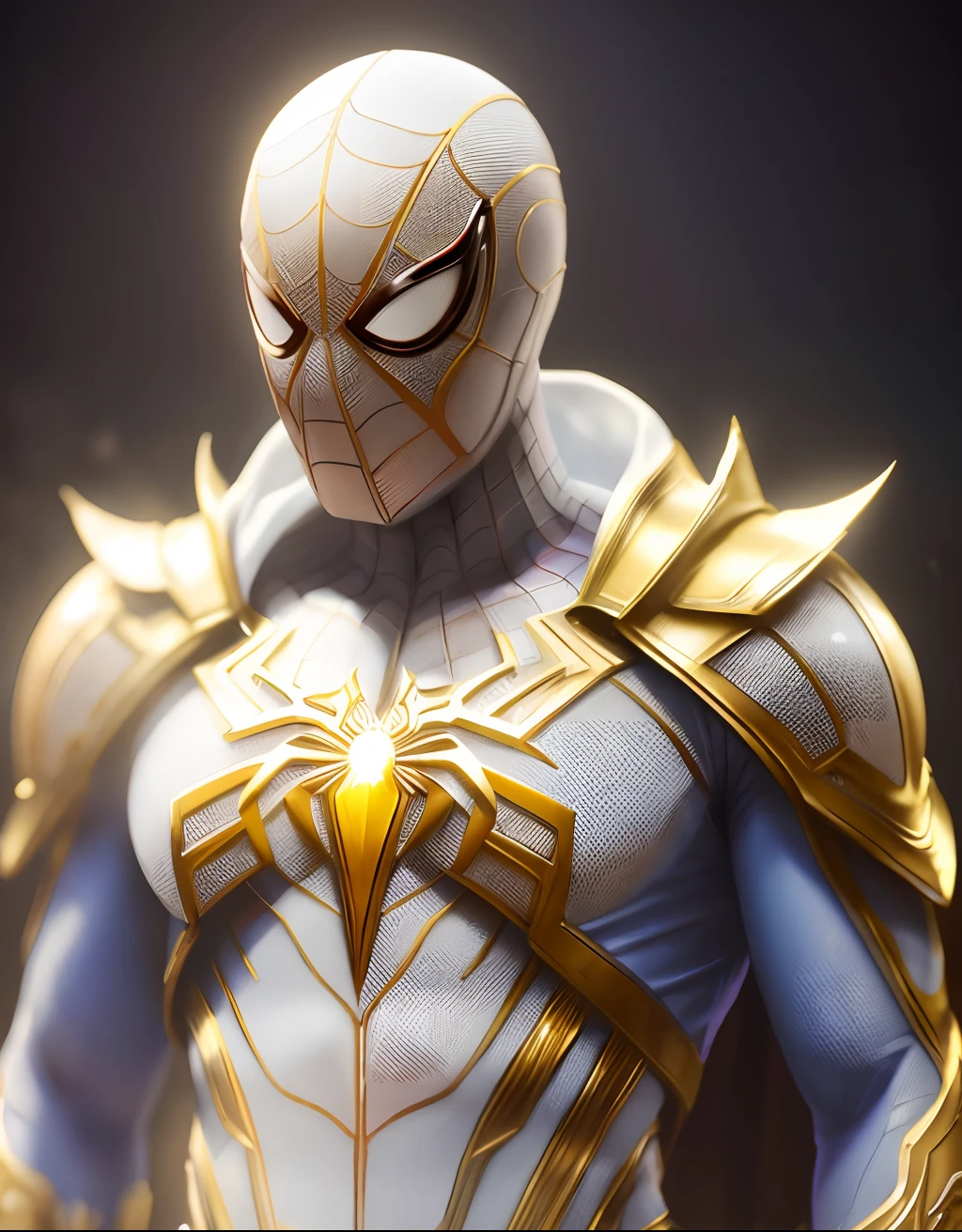 full body shot of spiderman in white and gold armour style suit, no mask on, white cape, looking at center camera, perfect composition, beautiful detailed intricate insanely detailed octane render trending on artstation, 8 k artistic photography, photorealistic concept art, soft natural volumetric cinematic perfect light, chiaroscuro, award - winning photograph, masterpiece, oil on canvas, raphael, caravaggio, greg rutkowski, beeple, beksinski, giger, trending on artstation, sharp focus, studio photo, intricate details, highly detailed, night city background, by greg rutkowski