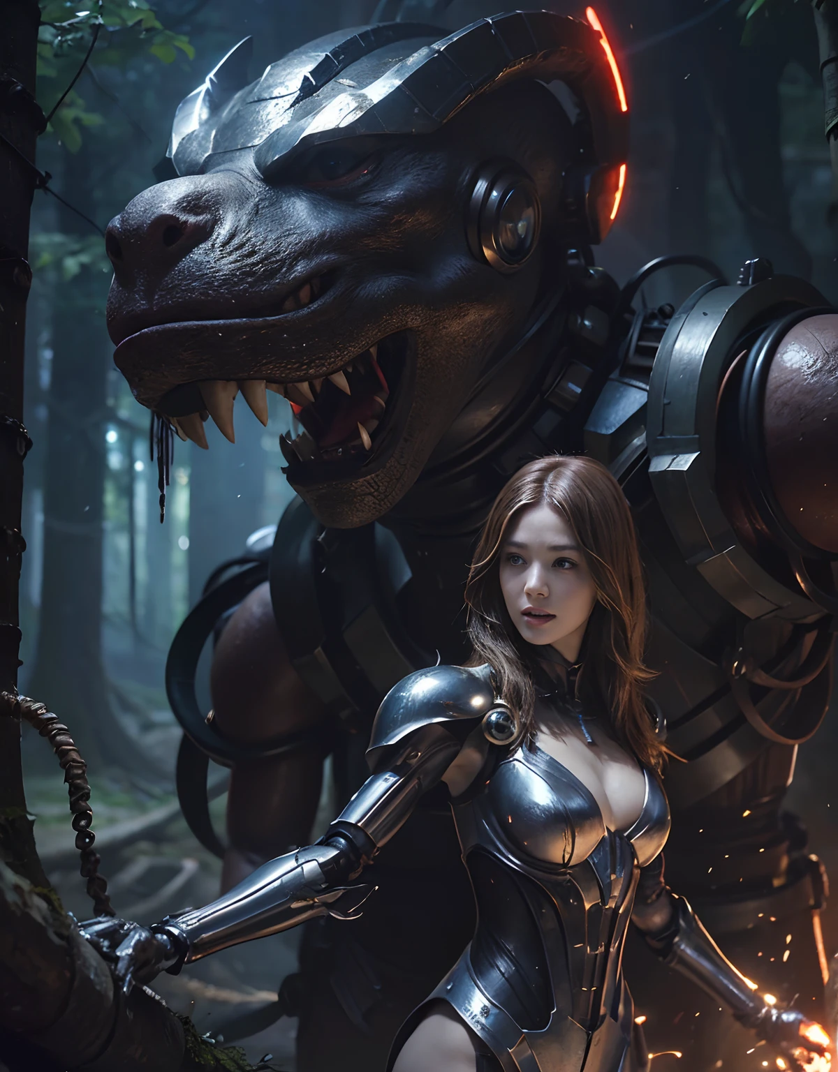 (1 Mechanical Girl)、top-quality、​masterpiece、超A high resolution、(Photorealsitic:1.4)、Raw photo、女の子1人、Fight mutants、glowy skin、(((1 Mechanical Girl)))、With a beautiful knife、（Green Metal Bodysuit）、(Kobold、ogre、Fierce battle with orcs),（Fight fiercely against aliens）、Fight fiercely、(beautiful forest background)、(Fighting Demonic Beasts)、(Small LED)、((super realistic details))、portlate、(Strong giant demon beast background),globalillumination、Shadow、octan render、8K、ultrasharp、Colossal tits、Raw skin is exposed in cleavage、metals、Details of complex ornaments、Japan details、highly intricate detail、Realistic light、(Mystical expression),CGSoation Trends、Blue eyes、radiant eyes、Facing the camera、neon details、(Mechanical limbs)、(blood vessels connected to tubes)、Mechanical vertebrae attached to the back、mechanical cervical attaching to neck、(Wires and cables connecting to the head)、Gundam、Small LED、,Mechanical thighs、Toostock、（Hands are also made of machines）、（Attack of the Monster Beasts）、（Wounded in a deadly battle）、