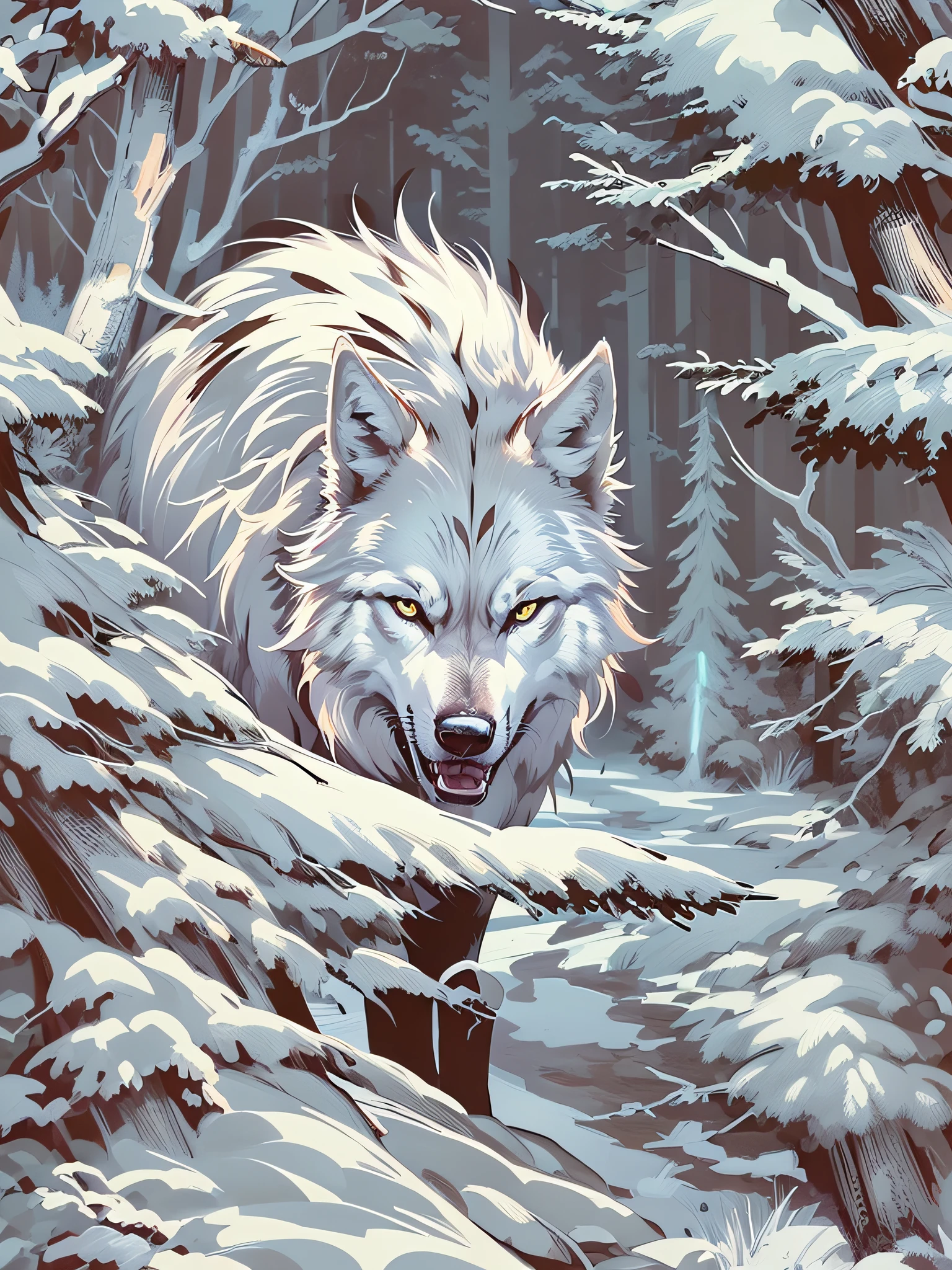 High quality design vector style image, t-shirt printing style, graphic art white wolf angry face, white background realistic colors, winter forest scene, graphic design style with color mix