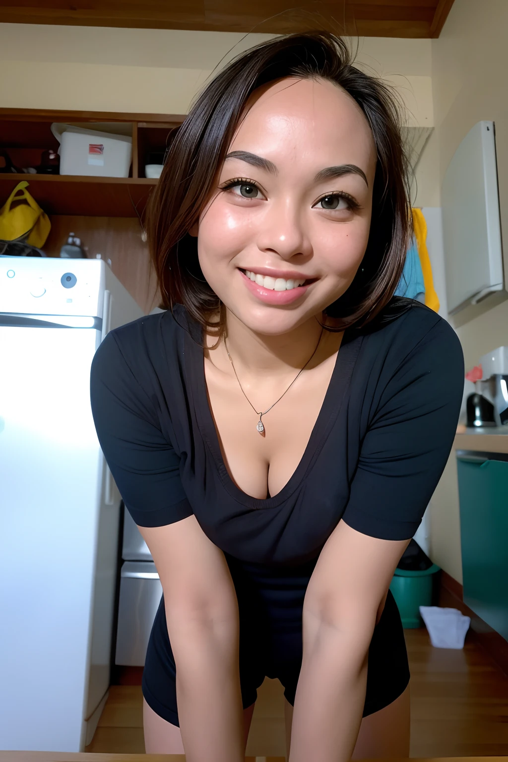 realisitic、(top-quality), matured malay women、Realistic 20 year old dark skin malay face girl, dark skin、wife, mother, (((beautiful nipple)))、Cleavage is fully exposed、Erotic panties、kitchen、messy kitchen, ((Sex in cowgirl position))、((Colossal tits:1.4)) 、((Very small face))、all-fours,Professional bright lighting、Leans forward heavily、Face kissing、erotick、((Chibi girl in li))、Pale blue loose blouse、gym shorts, ((seduce face)), smile