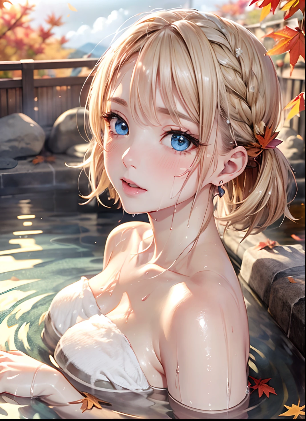 absurderes, ultra-detailliert,bright colour, extremely beautiful detailed anime face and eyes, view straight on, ;D, shiny_skin,25 years old,(Onsen:1.4),(flooded:1.4),(Bath towel:1.2),(Wet:1.4)、(Overflowing hot tub),Short hair,asymmetrical bangs, Blonde hair with short twin tails, Shiny hair, Delicate beautiful face, red blush、(Deep Blue Eyes:1.3), White skin, hair clips, earrings,(Lots of autumn leaves:1.4),Beautiful cloud, Dusk sky,