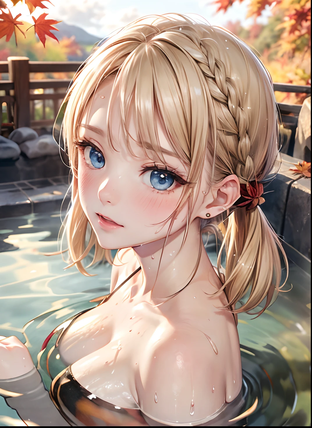 absurderes, ultra-detailliert,bright colour, extremely beautiful detailed anime face and eyes, view straight on, ;D, shiny_skin,25 years old,(Onsen:1.4),(flooded:1.4),(Bath towel:1.2),(Wet:1.4)、(Overflowing hot tub),Short hair,asymmetrical bangs, Blonde hair with short twin tails, Shiny hair, Delicate beautiful face, red blush、(Deep Blue Eyes:1.3), White skin, hair clips, earrings,(Lots of autumn leaves:1.4),Beautiful cloud, Dusk sky,