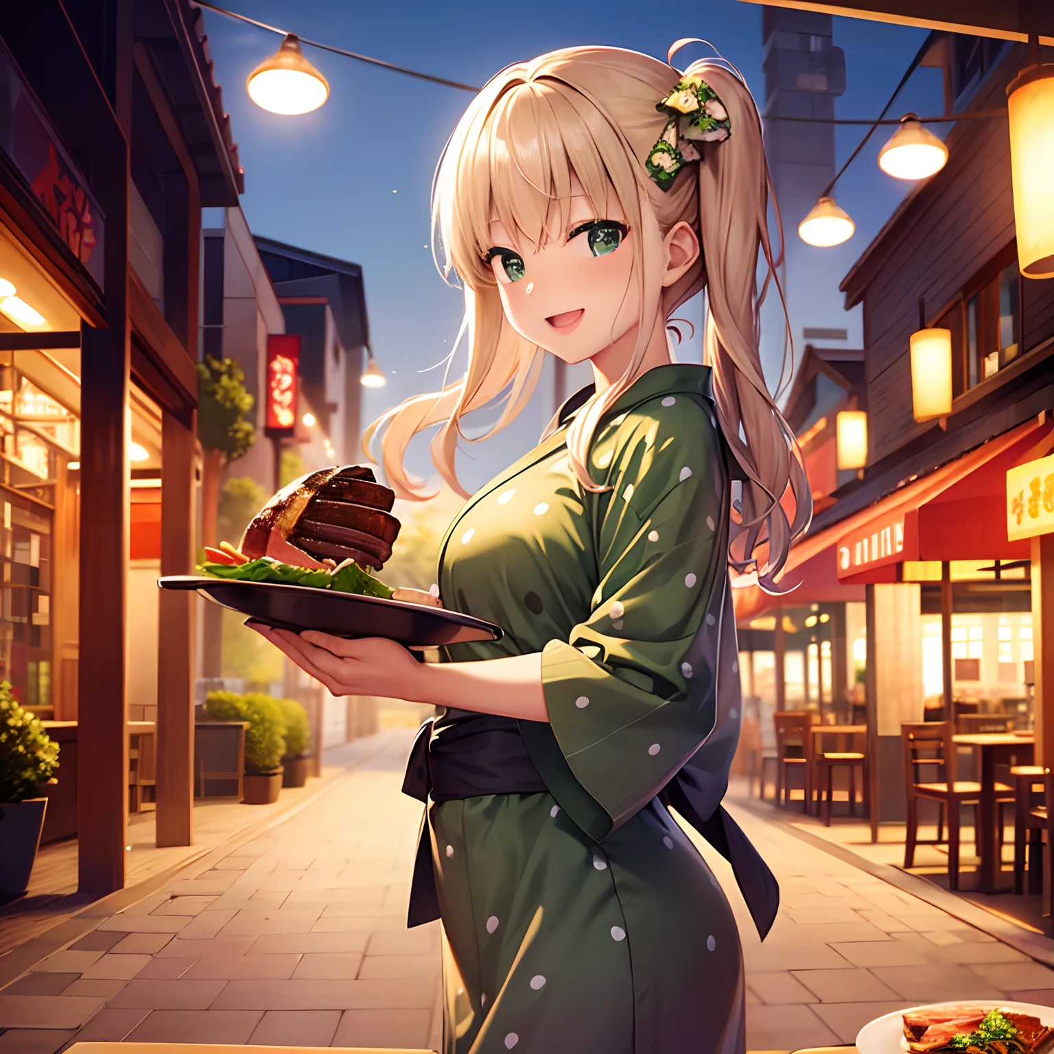 Beautiful green polka dot kimono,Beautiful restaurant background,Put the steak dish on the tray,Happy laughter,