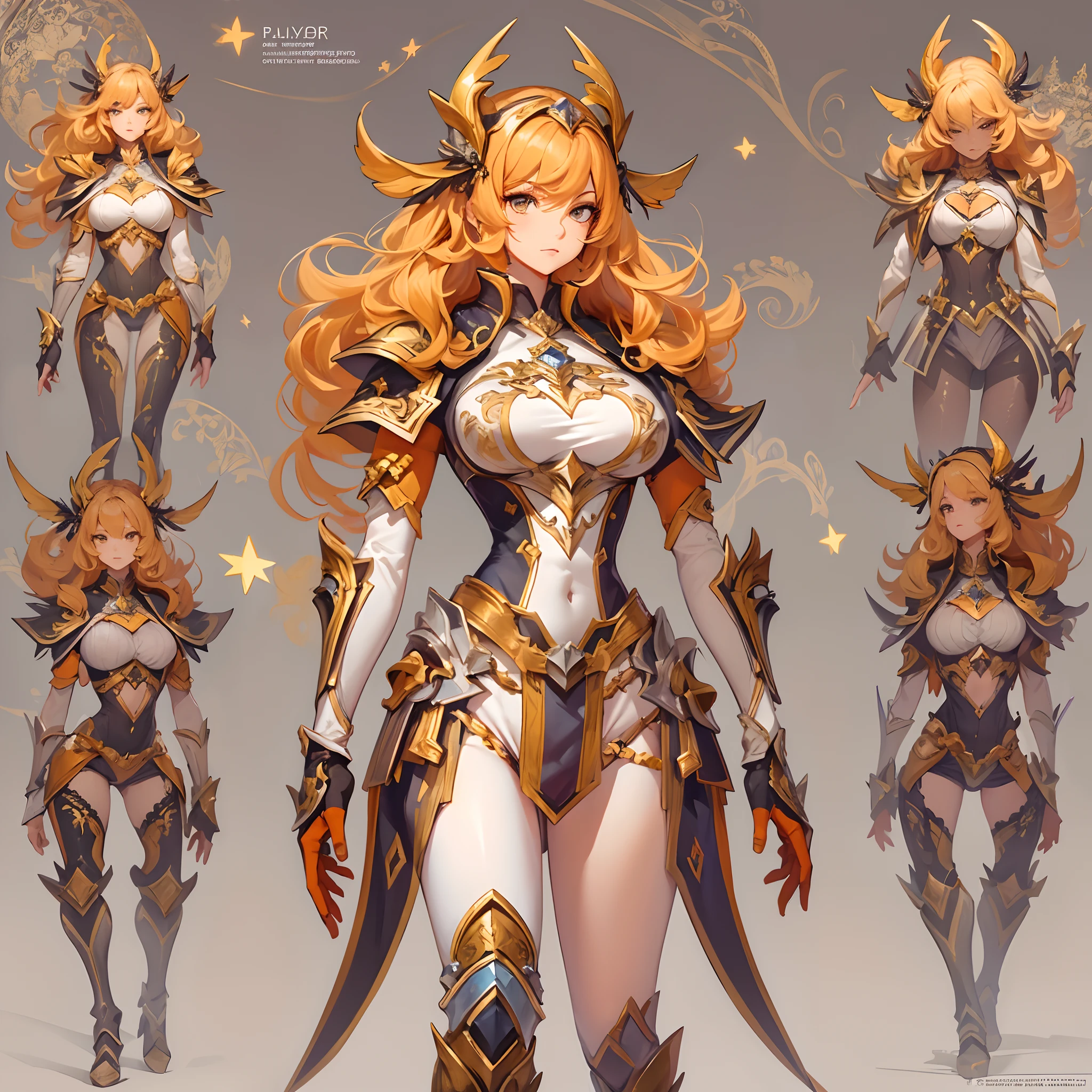 ((Masterpiece, Highest quality)), Detailed face, CharacterDesignSheet, full bodyesbian, Full of details, Multiple poses and expressions, Highly detailed, Depth, Many parts,Beautiful paladin,Holding a shield,double-ponytail,estilo fantasia,Orange caramel,Extremely beautiful,High Balance, Natural light, Lace,lacepantyhose,Sunny décor,Star decoration