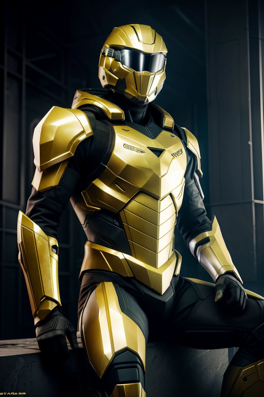 Teen male posing, golden white crysis 3 armour, atmospheric, sitting, S.T.A.L.K.E.R style, 3d render, fog, chromatic aberration, sexy masculine square face