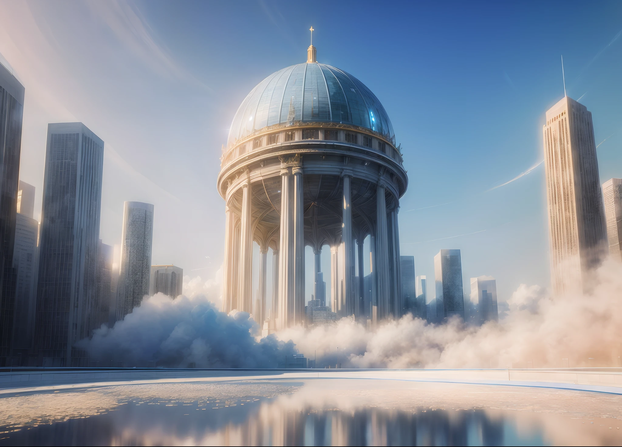 Best quality, masterpiece, photorealistic, (high resolution CGI artwork 8k), create a celestial city landmark, the theme is ethereal, reflective ivory and light blue colors, high-resolution, 3D-rendered masterpiece, digital art