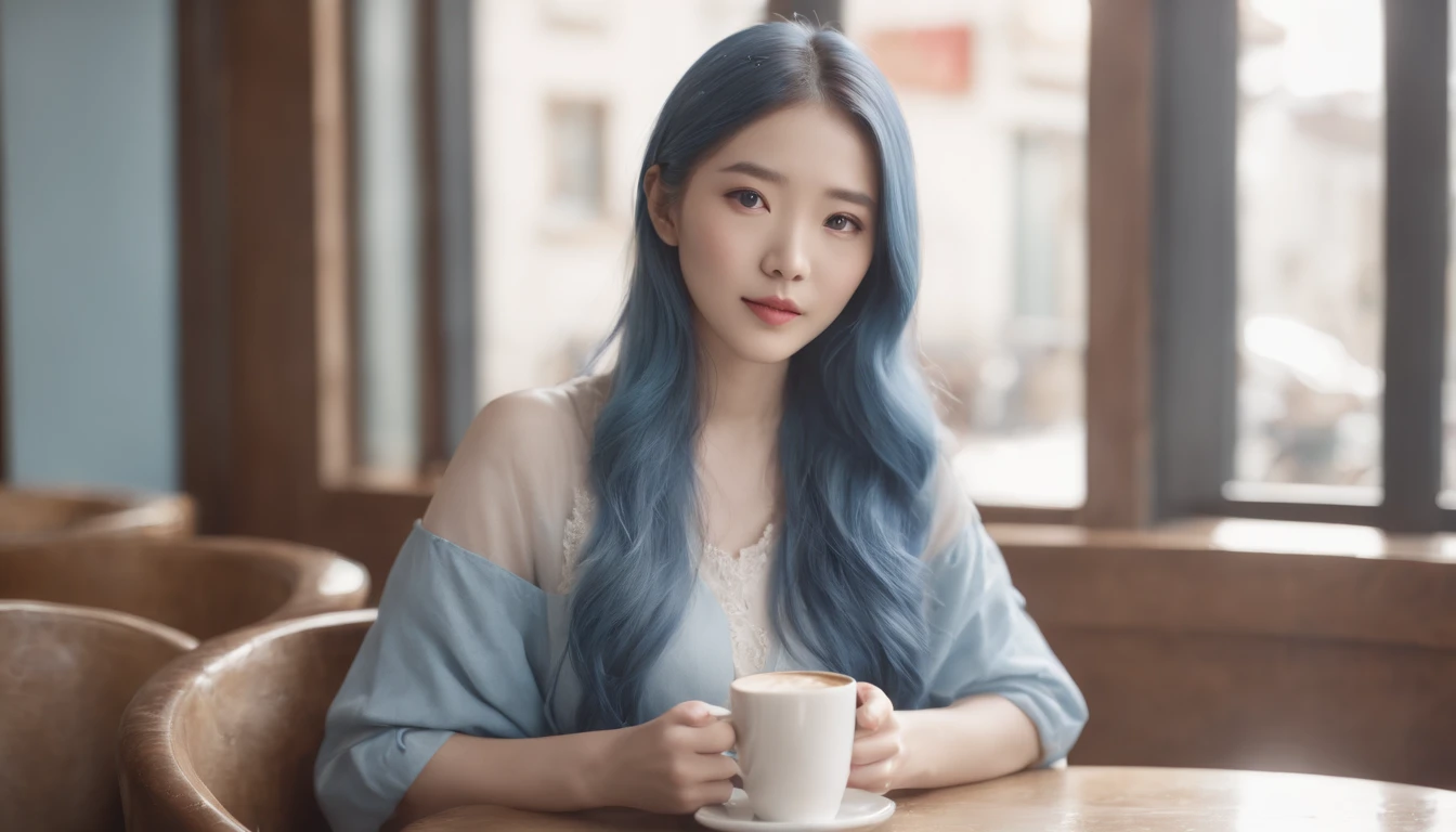 photo of leegahyeon korean woman in cafe sitting at table holding coffee window sunlight, blue hair, dynamic pose, skin texture, pale skin, shiny skin, (slim, petite:1.2), [:(sharp focus on face, detailed face, perfect eyes, looking at viewer:1.2):0.2], photorealistic, film grain, best quality, masterpiece