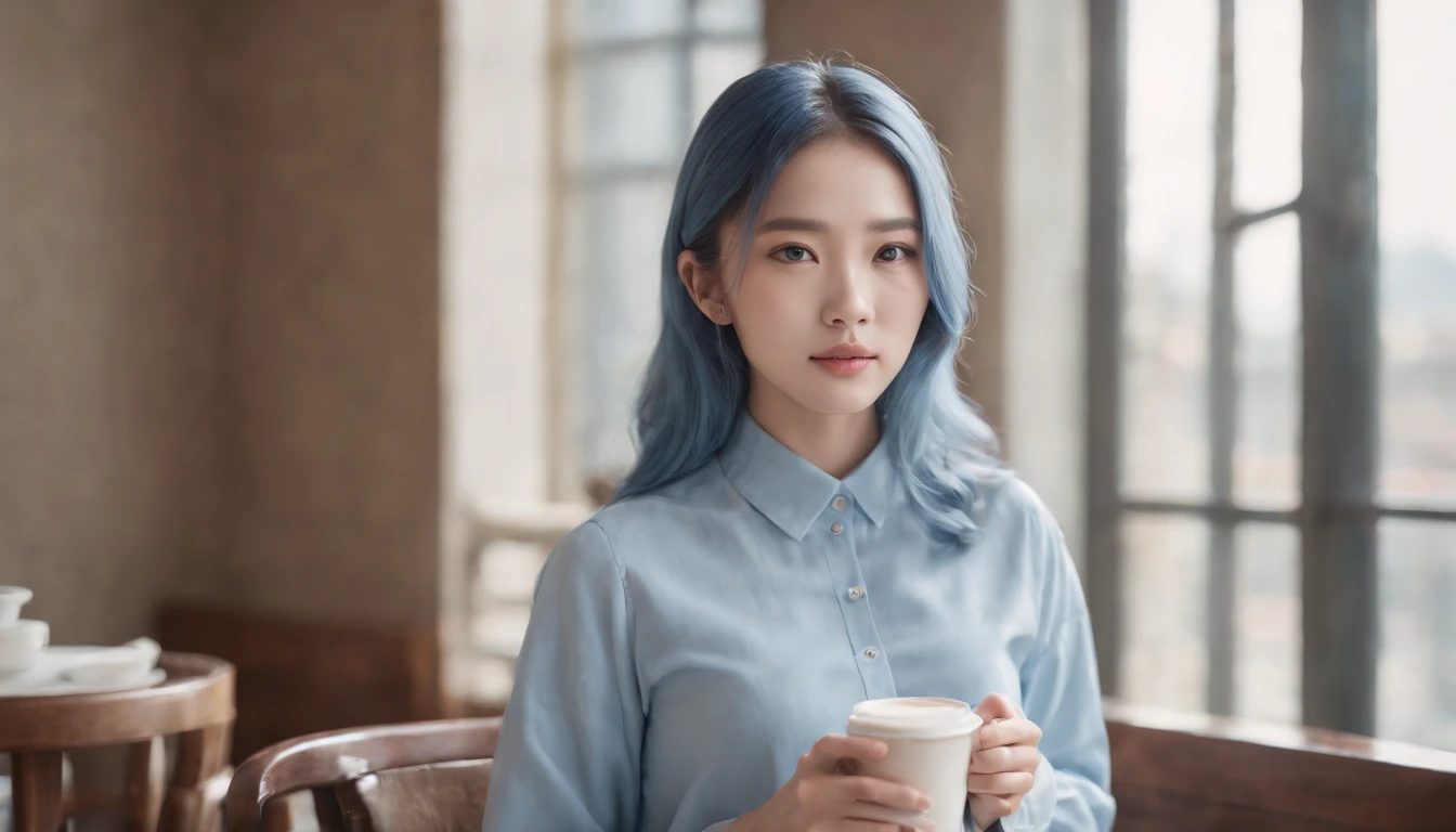 photo of leegahyeon korean woman in cafe sitting at table holding coffee window sunlight, blue hair, dynamic pose, skin texture, pale skin, shiny skin, (slim, petite:1.2), [:(sharp focus on face, detailed face, perfect eyes, looking at viewer:1.2):0.2], photorealistic, film grain, best quality, masterpiece
