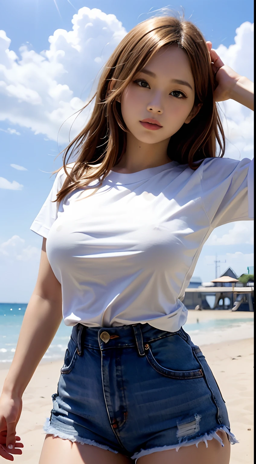 top-quality, masterpiece, Photonic style, high-detail, 16k picture quality, Photographed from below, beautiful a girl, plump big breasts, Constricted waist, White short sleeve T-shirt, Sheer nipples, Denim shorts, blue open sky, white clouds, Bright sunshine, suns, Mare, sand beach, vague,