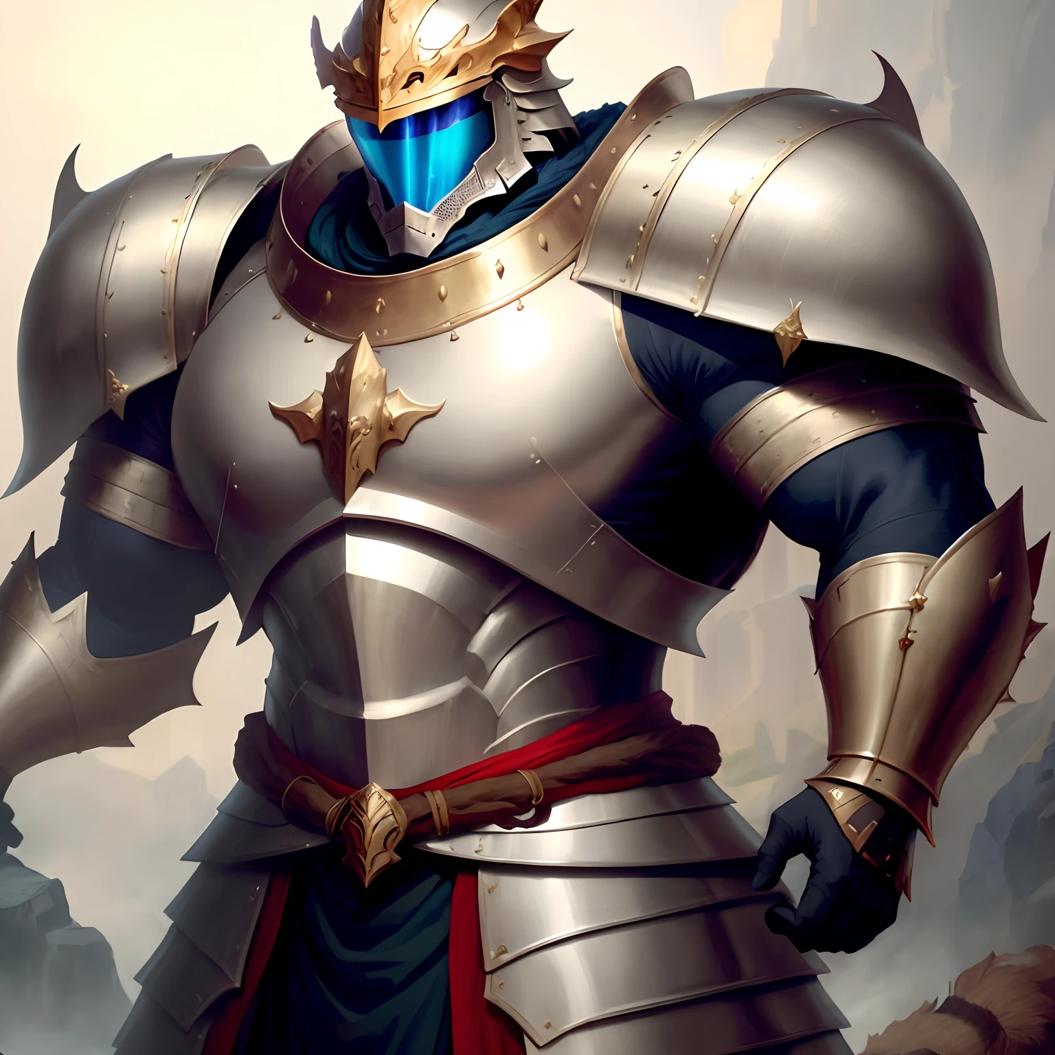 Anthro dragon mussced in medieval armor with a helmet y with huge arms , Huge torso , Huge pectorals ,