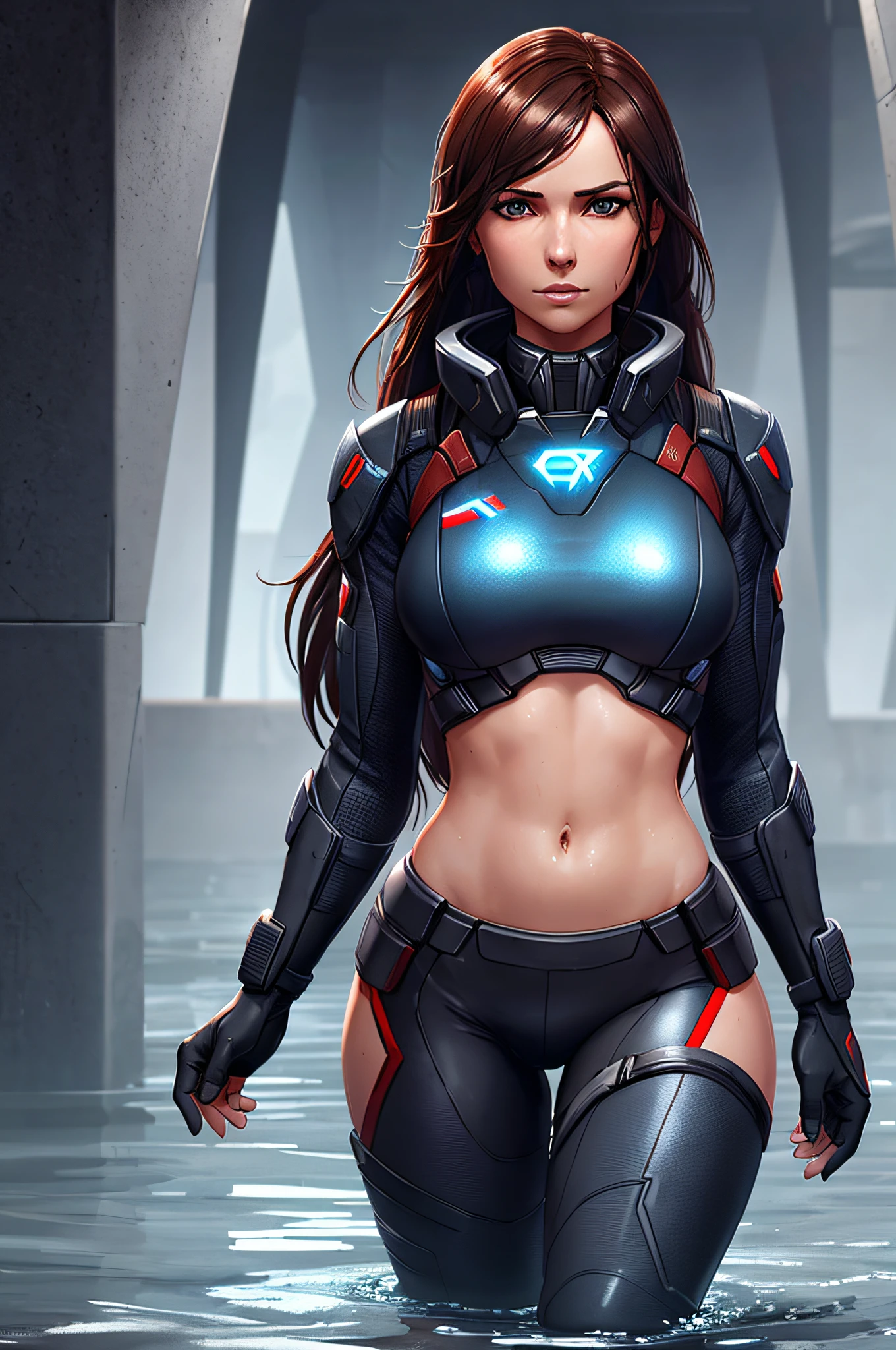 1 girl, fit body, mass effect outfit, high resolution, ultrasharp face and eyes, 8k, sensual look, hands not showing, full body, Miranda Lawson, long hair, standing in deep water, wet