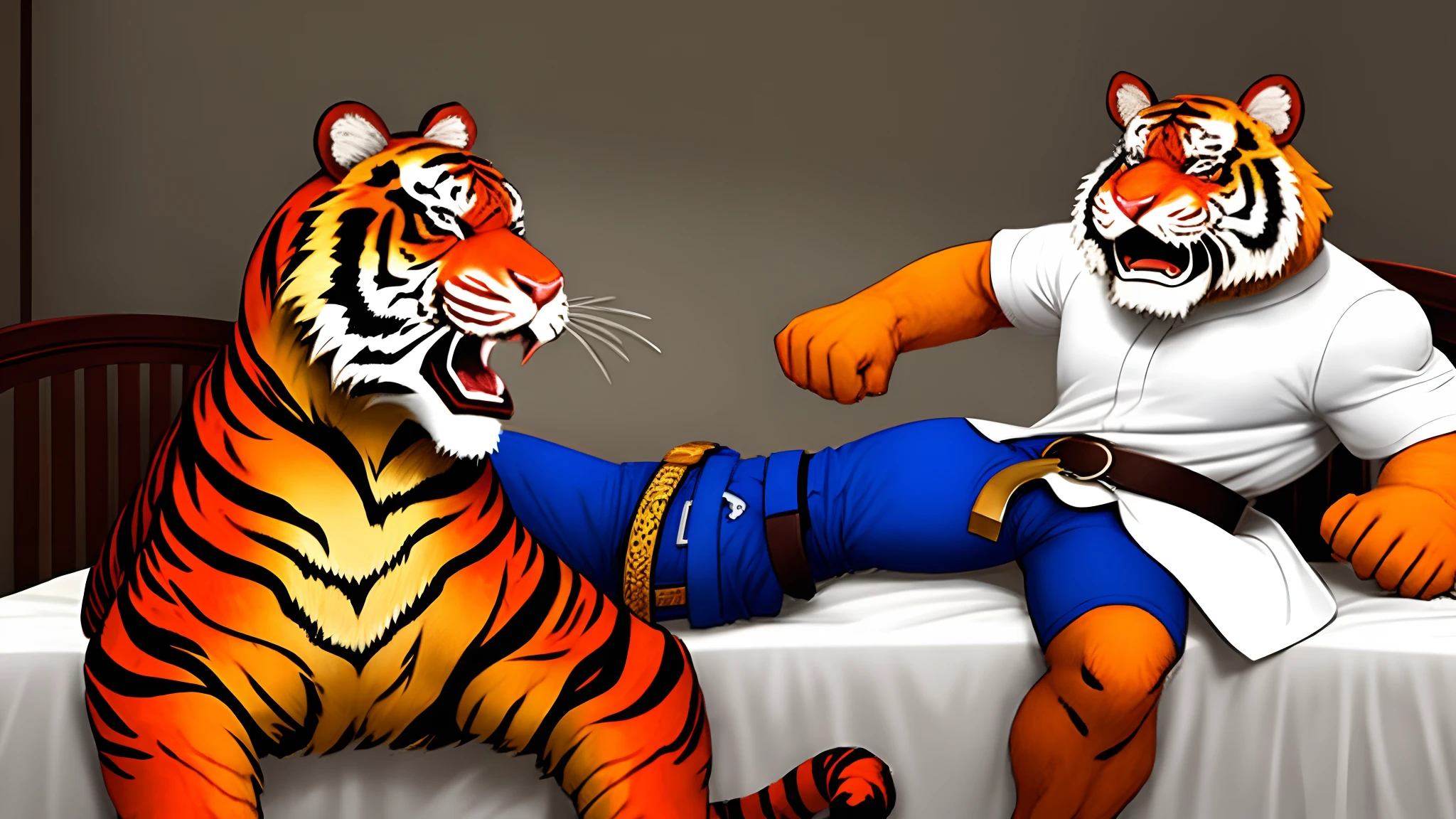 Cartoon anthropomorphic muscular red tiger laughing on a bed while wearing a blue belt that tickles. The belt has a round golden buckle with a keyhole and feathers coming out of the tickling belt