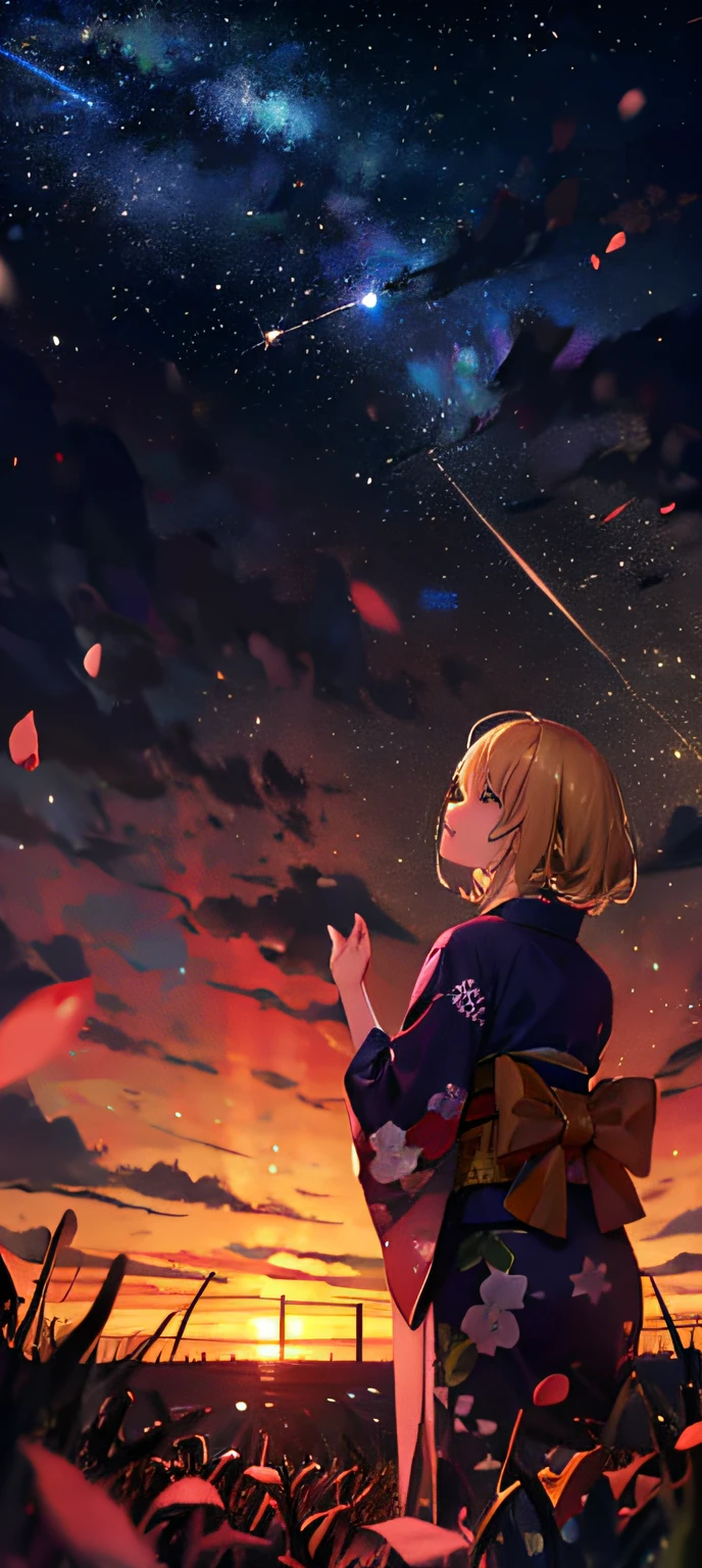 1girl, a distant girl kiss girl in a kimono gazing at the stars, (zoomed: 1.1), (meteor shower: 1.2), (comet: 1.1), your name, low angle, from behind, Northern Lights, meteors, yukata, red kimono, cherry blossoms, standing in the field, best quality, masterpiece, clouds, colorful, starry, stars,