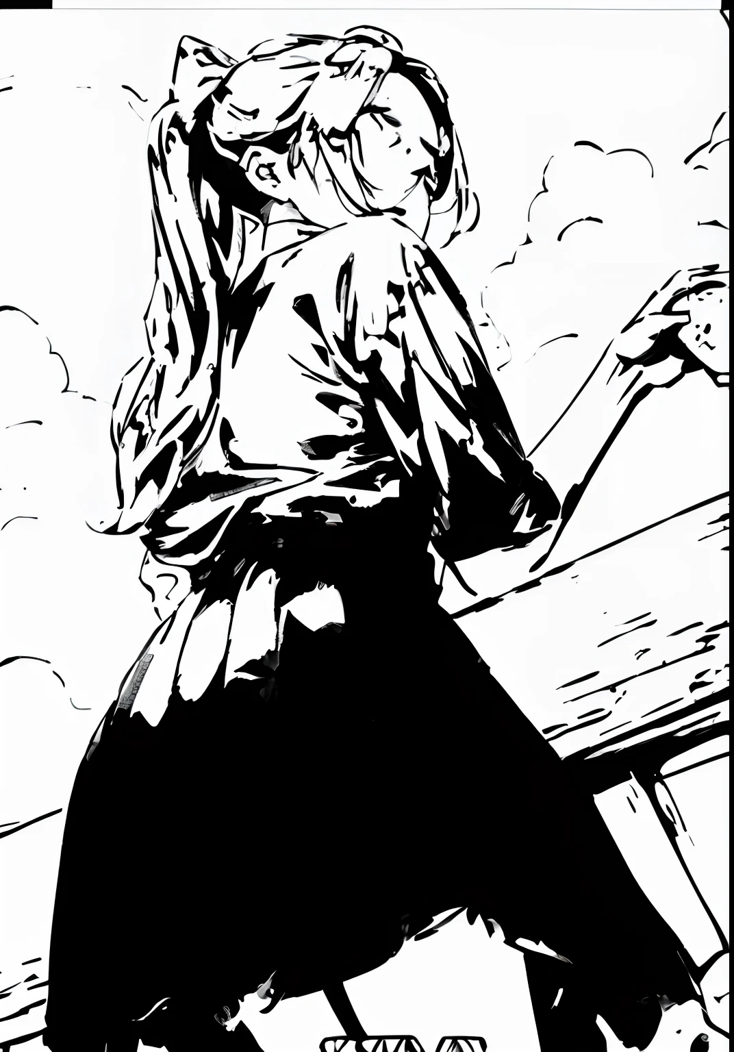 Painting of a woman sitting on a bench with a cigarette, black and white manga panel, ink manga drawing, intense line art, extremely fine ink lineart, Inks and screentones, black and white manga style, Intense black line art, high contrast illustration, drawn in a noir style, black and white manga page, Ink illustration with shadows, Bold lineart