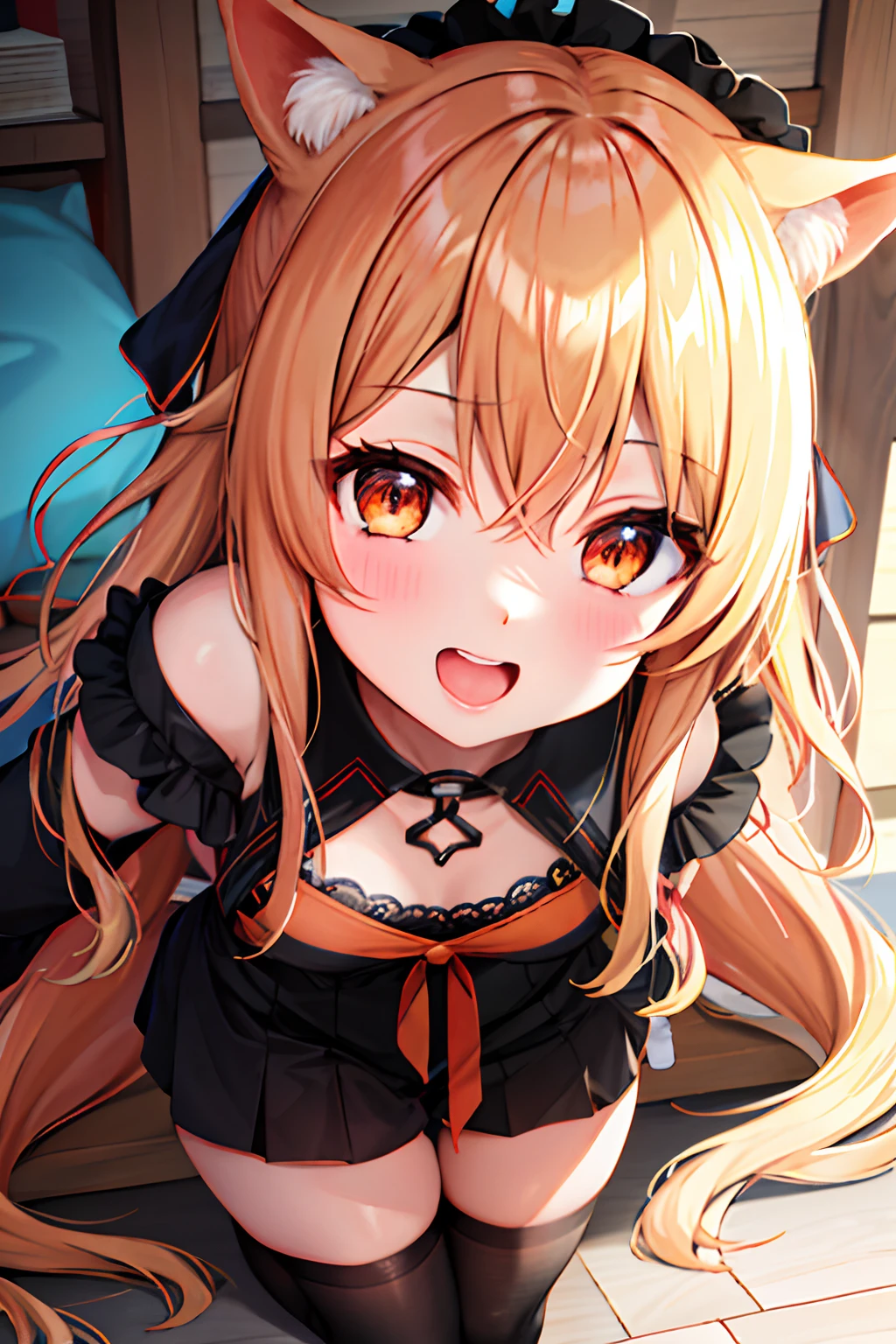 1girl,solamente,Obra maestra, La mejor calidad, alta calidad,rasgos faciales delicados,,Mishoujo,hiper_detalle,juego CG, ojos hermosos finamente detallados y cara detallada,Piel lustrosa,de color, Orejas de animales, cola, ojos azules, cabello multicolor, cabello naranja, pelo corto, Zettai Ryouiki, Cabello bitono,big size ass_senos
Guantes sin dedos, guantes de codo, Guantes negros, muslos naranja, corto_Mangas, falda plisada, sonrisa travieza, Collar, Camisa con cuello, flequillo,calzado blanco
(Mirando al espectador:1.3),(En pie:1.3),(Disparo de vaquero:1.3), sonrojarse, bedroom eyes, They are smiling, leaning forward, dientes, fingers making a heart,
(Campo:1.3),mountains,(cielo azul:1.3),nube, ((shiba inu girl)) ((Orange theme))
