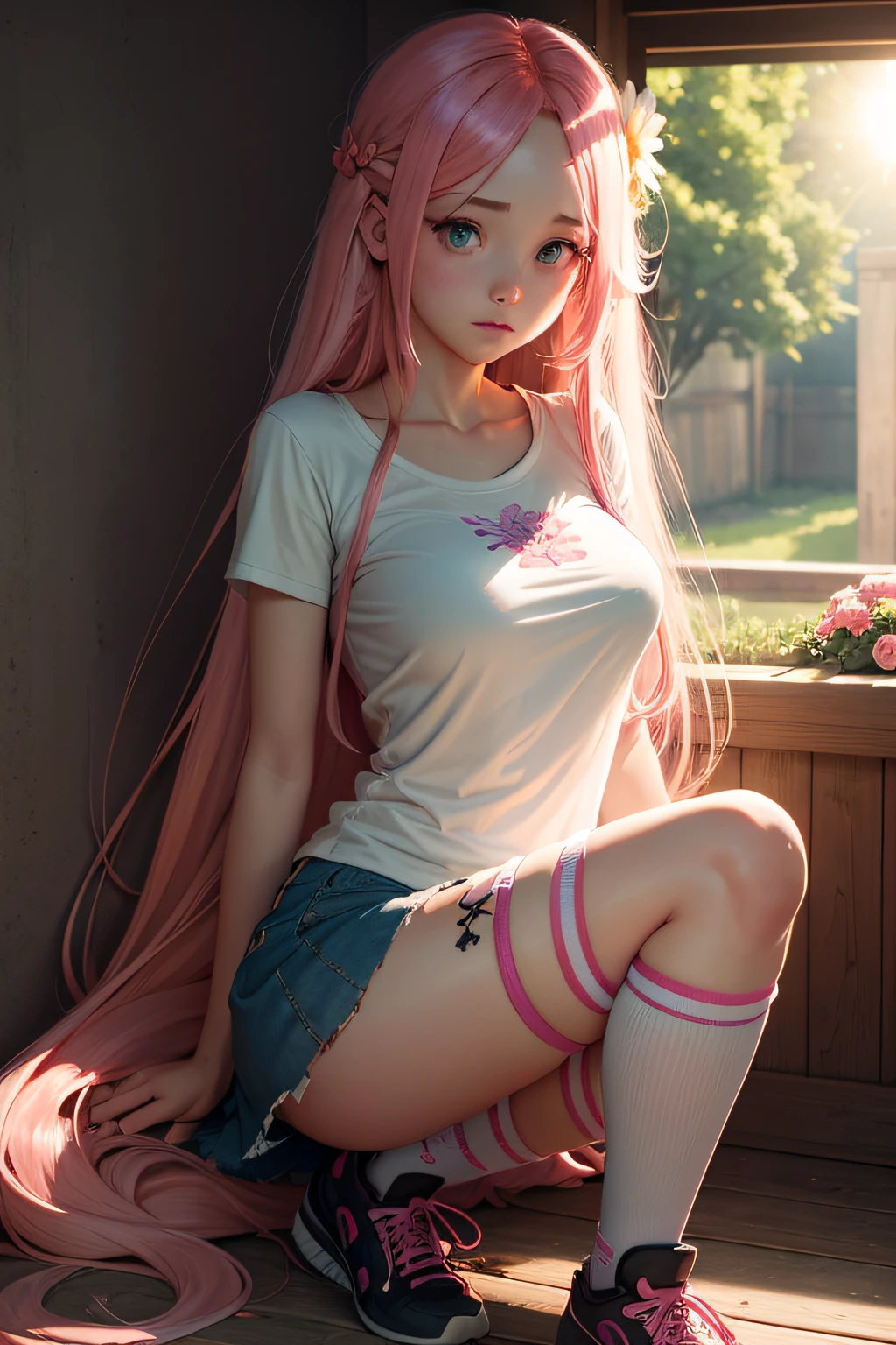 best quality, sun, wallpaper, {{{girl}}}, female, long hair, pink hair, forehead, shy, aqua eyes, glowing eyes, medium breasts, shirt, torn legwear, cross-laced_footwear, flower ribbon, smelling,