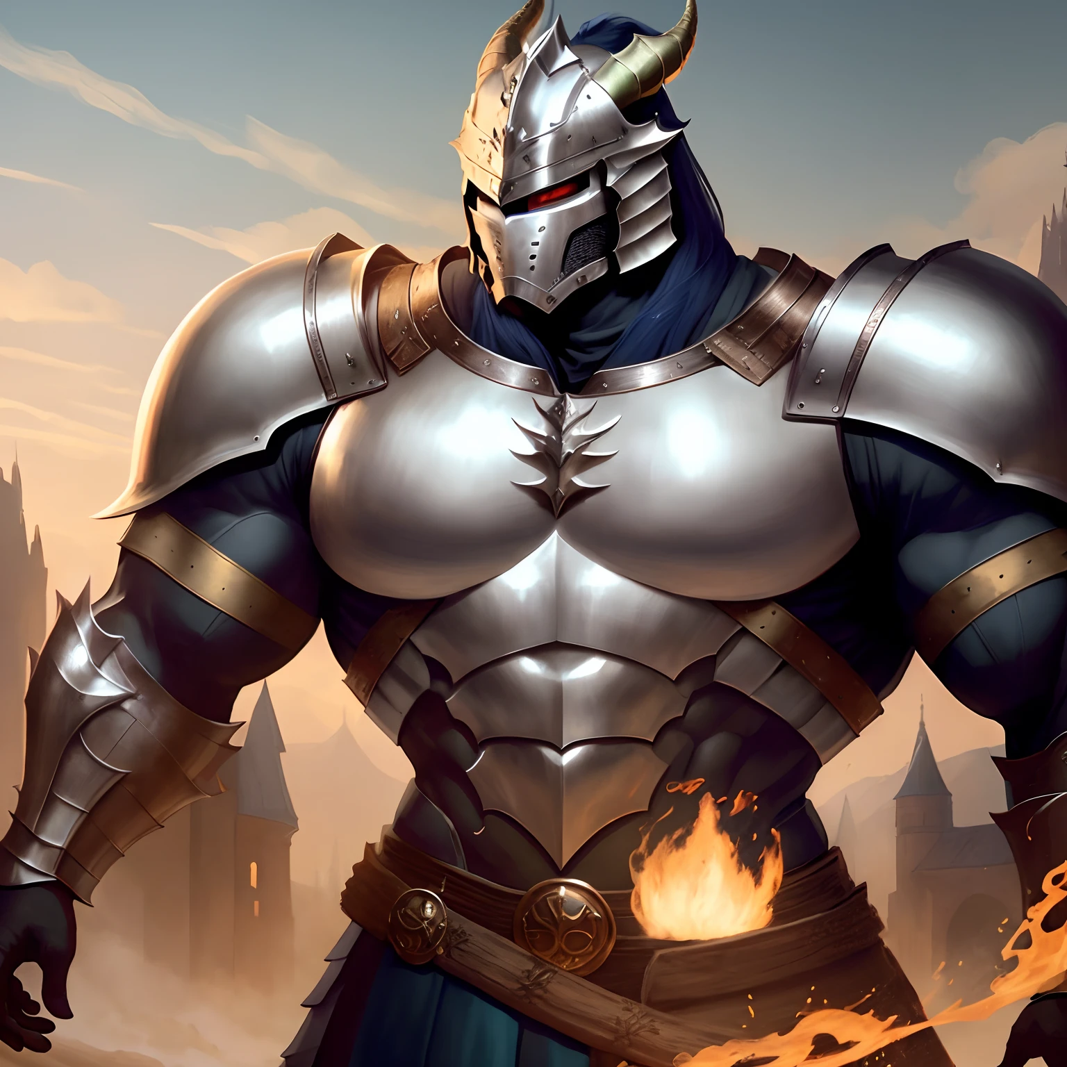 Dragon Anthro mussced in medieval armor with a helmet y with huge arms , Huge torso , Huge pectorals ,