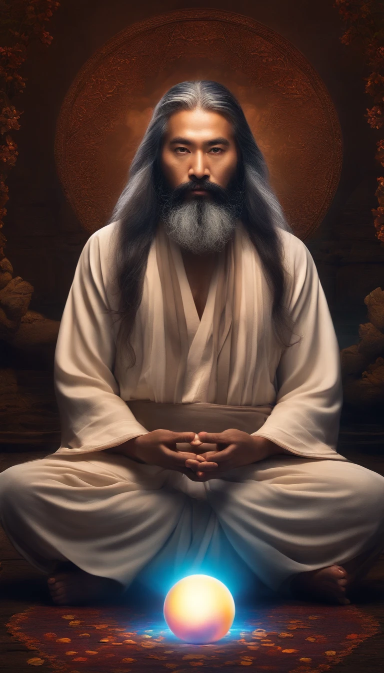 5 year old middle aged asian man,Long whit hair,long beard,Holding a glowing sphere in both hands,staring directly at camera,Cross-legged meditate, at centre,Clear facial features,Very bright colors, light Particle, with light glowing, Mushiv, Wallpaper Art, UHD Wallpapers、flower petals