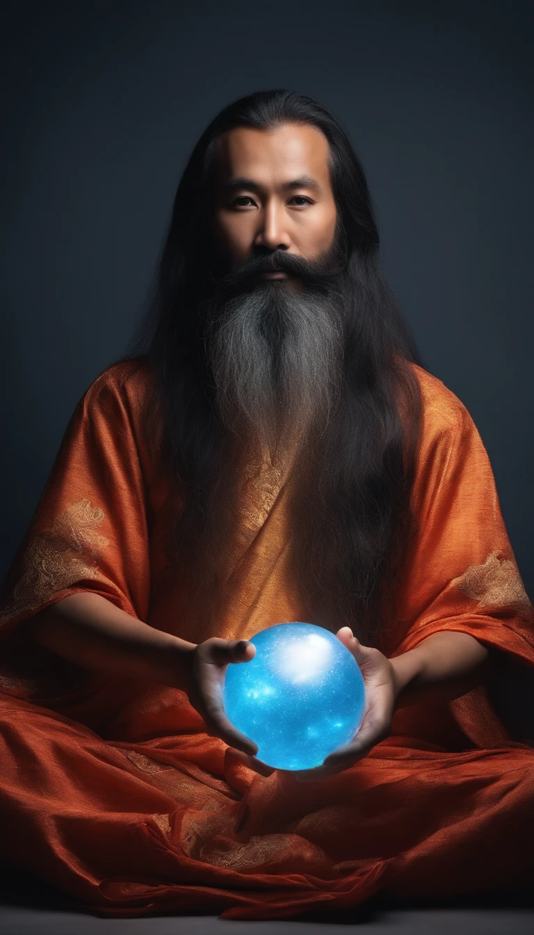 5  middle aged asian man，Long whit hair，long beard，Holding a glowing sphere in both hands，staring directly at camera，Cross-legged meditate, at centre，Clear facial features，Very bright colors, light Particle, with light glowing, Mushiv, Wallpaper Art, UHD Wallpapers、flower petals