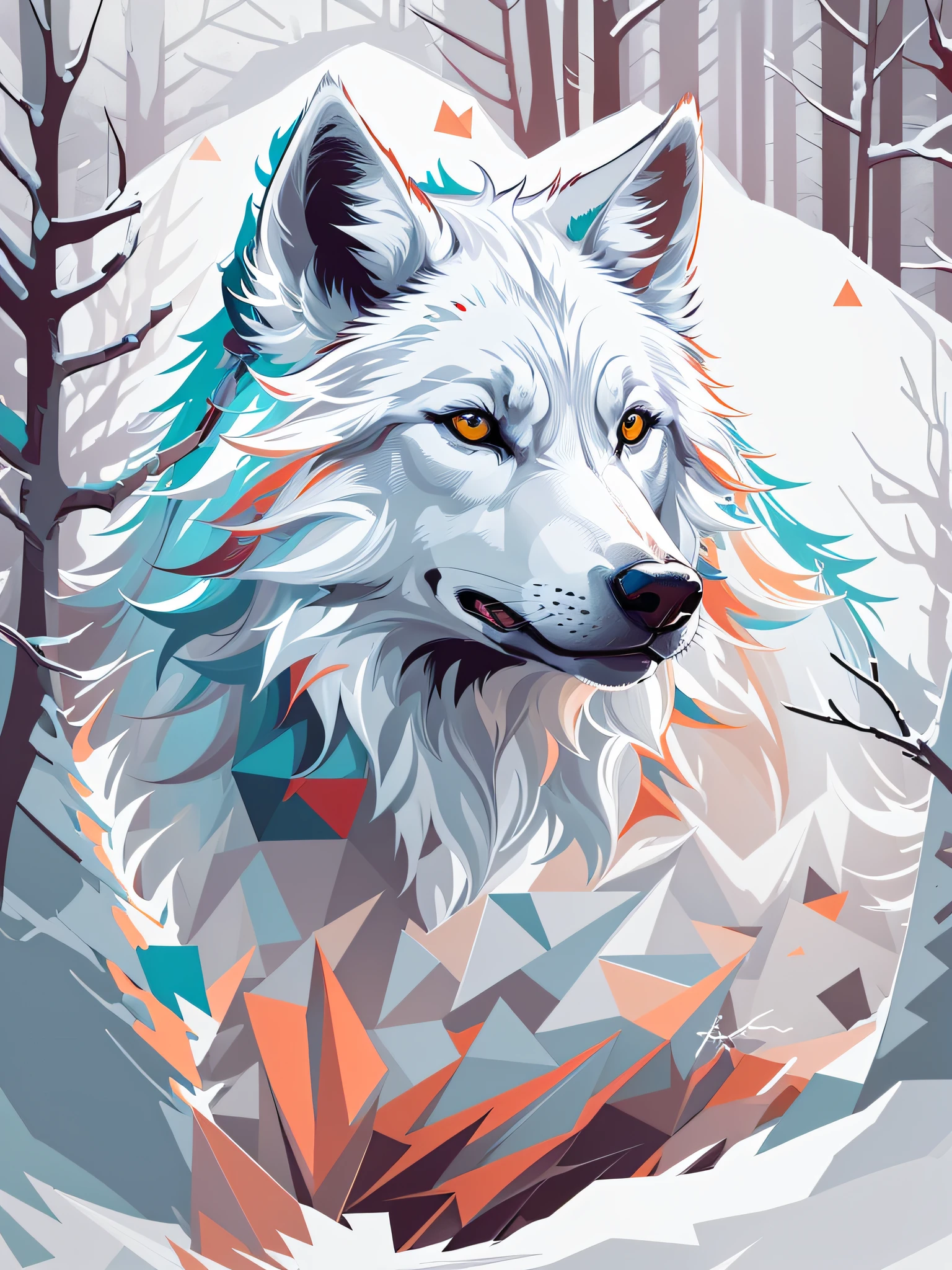 High quality design vector style image, t-shirt print style, white wolf graphic art, white background realistic colors, winter forest scene, graphic design style with mixing colors and geometry
