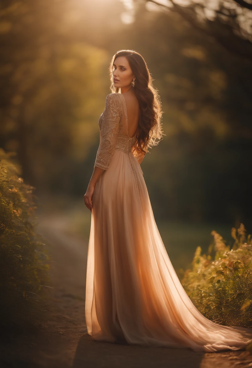 Full body of woman wearing beige lace dress