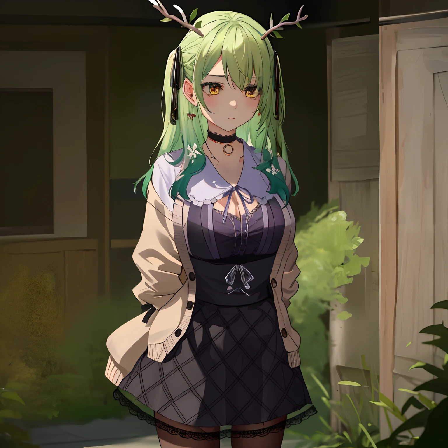 masterpiece, best quality, absurdres, perfect anatomy, 1girl, solo, Ceres Fauna, antlers, FaunaCasual, long hair, two side up, wearing a loose black opaque skirt, cardigan, open cardigan, cleavage cutout, black choker, ribbon, jirai kei, large breasts, standing, worried face, cowboy shot, eyes looking slightly down to camera, empty background, arms behind back, her body is slightly facing left, antlers fully visible