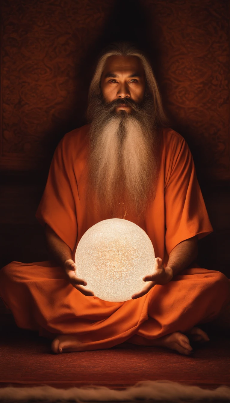 35 year old middle aged asian man,Long whit hair,long beard,Holding a glowing sphere in both hands,staring directly at camera,Cross-legged meditate, at centre,Clear facial features,Very bright colors, light Particle, with light glowing, Mushiv, Wallpaper Art, UHD Wallpapers、Vivid atmosphere