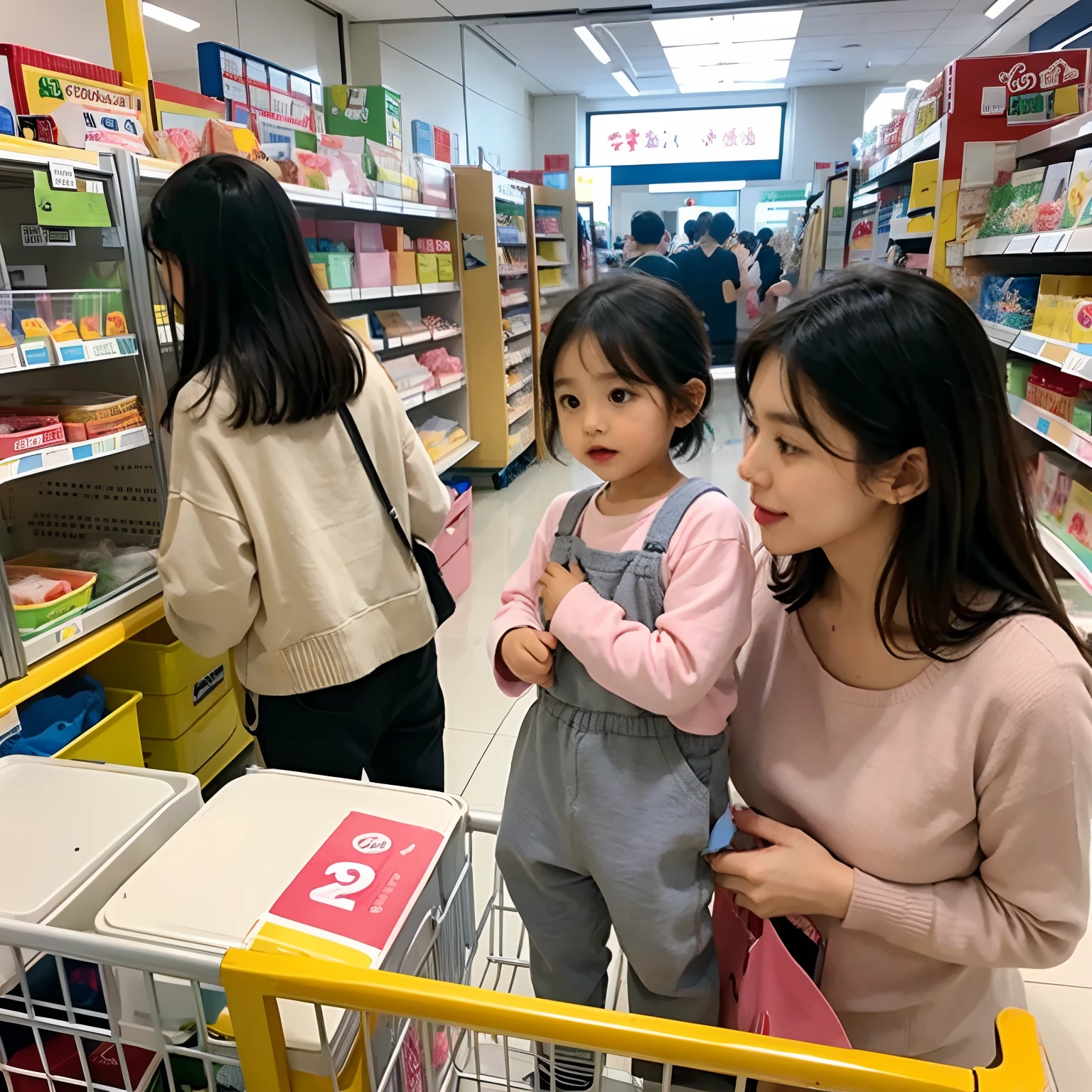 Kindergarten boy in pet section of department store、Talking to a woman looking at her pet、