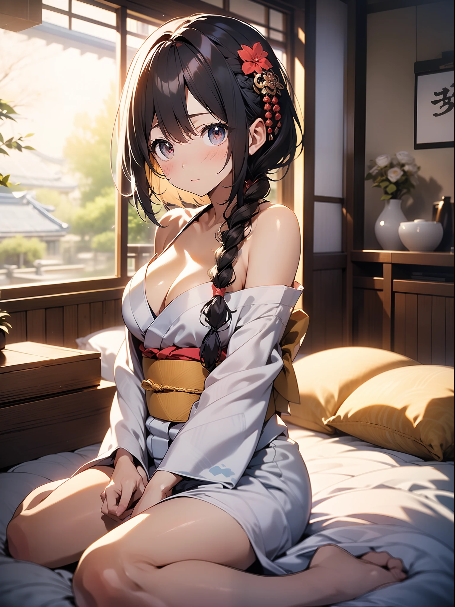 in 8K、top-quality、​masterpiece、ultra-detailliert、Ultra-high resolution、Anime style、traditional Japanese room、natta、Dark room without windows、A dark-haired、Braided hair、Light-colored yukata、On the futon、cleavage of the breast、bare shoulders​