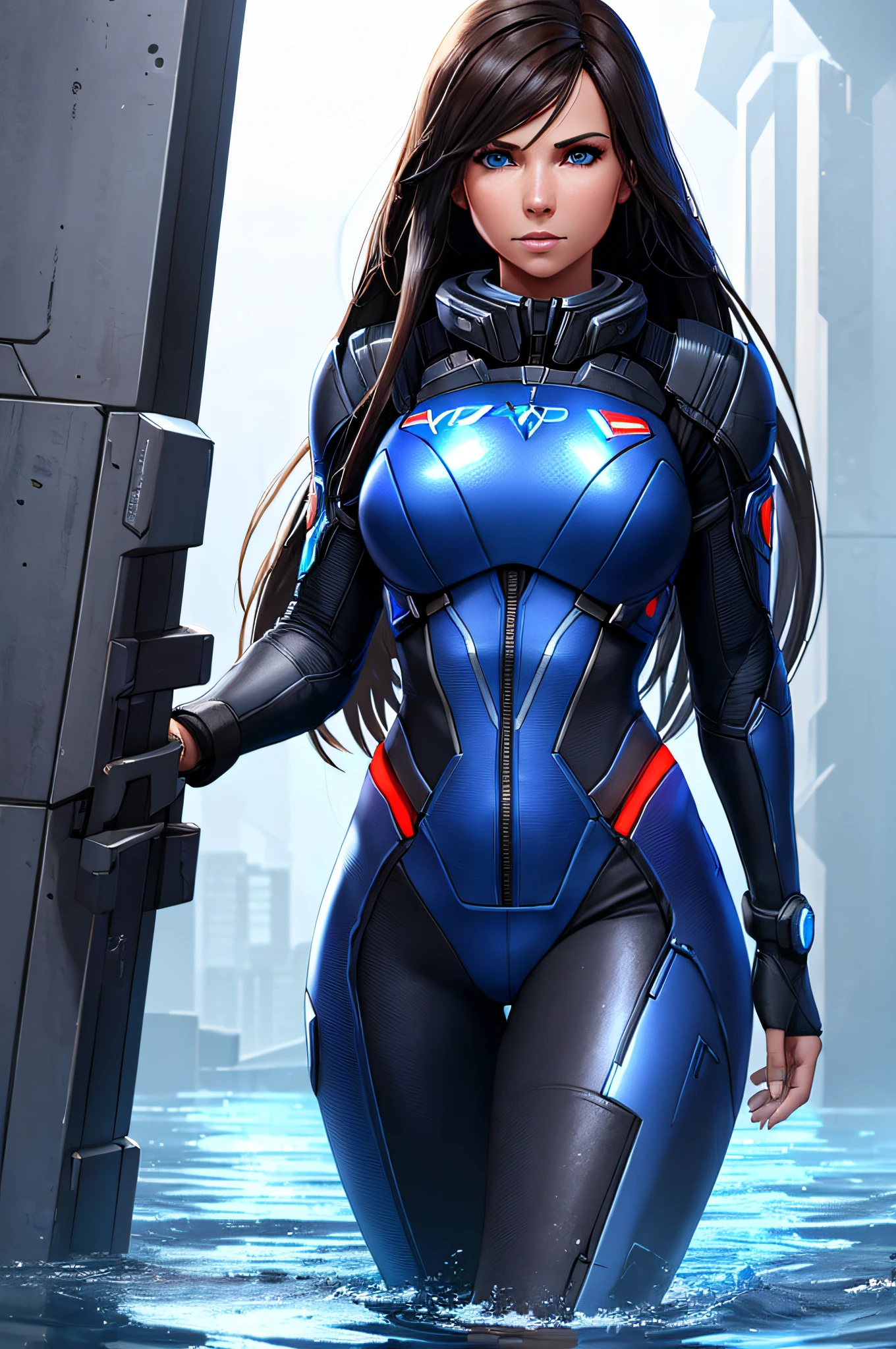 1 girl, fit body, mass effect outfit, high resolution, ultrasharp face and eyes, 8k, full body, long hair, standing in deep water, wet, blue eyes